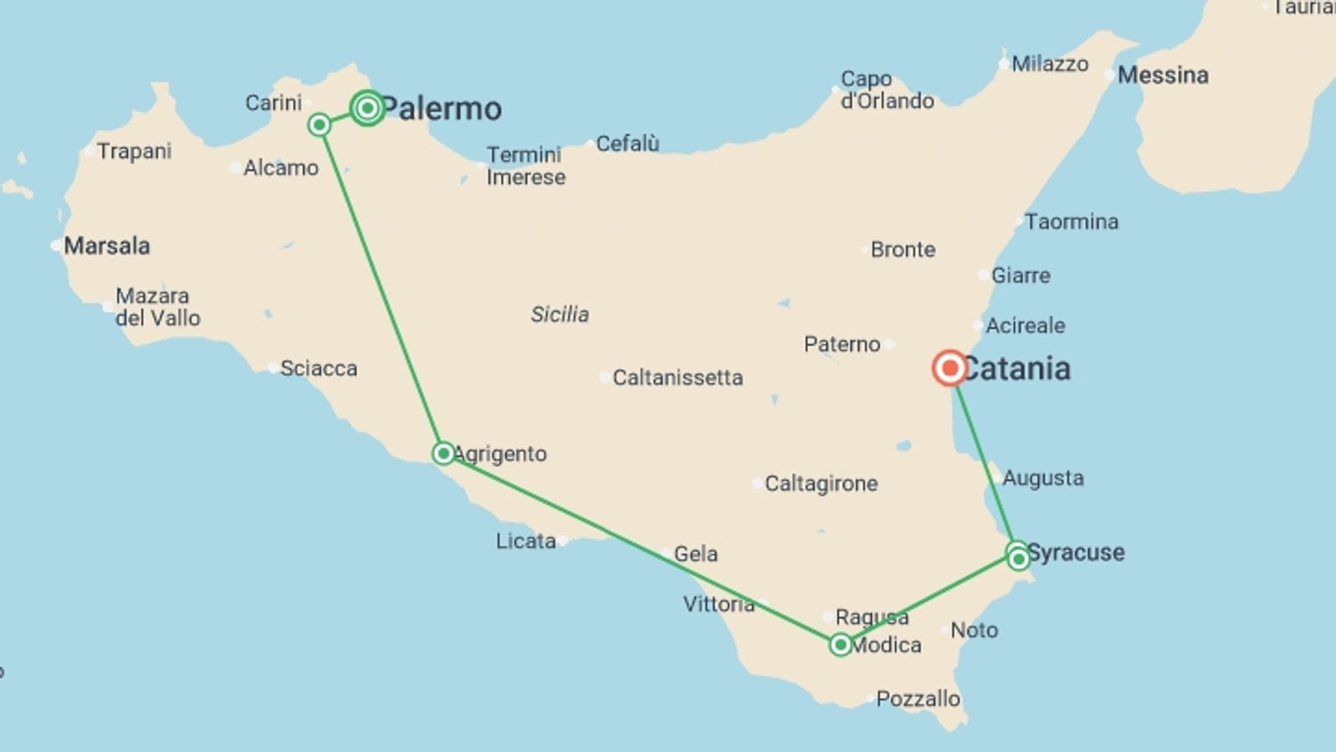 A map showing the tour itinerary for the trip: A Taste of Sicily - Palermo to Syracuse, starting in Palermo, Italy and ending in Catania, Italy going through 3 other destinations.