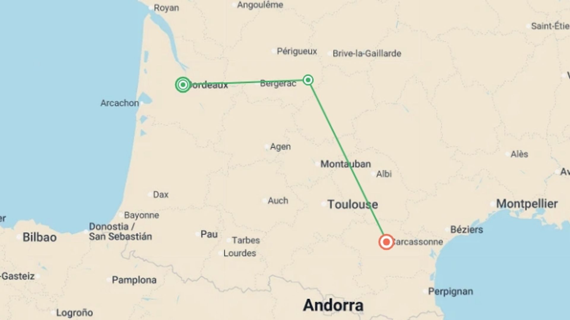 A map showing the tour itinerary for the trip: A Taste of Southern France  - Bordeaux to Carcassonne, starting in Bordeaux, France and ending in Carcassonne, France going through 4 other destinations.