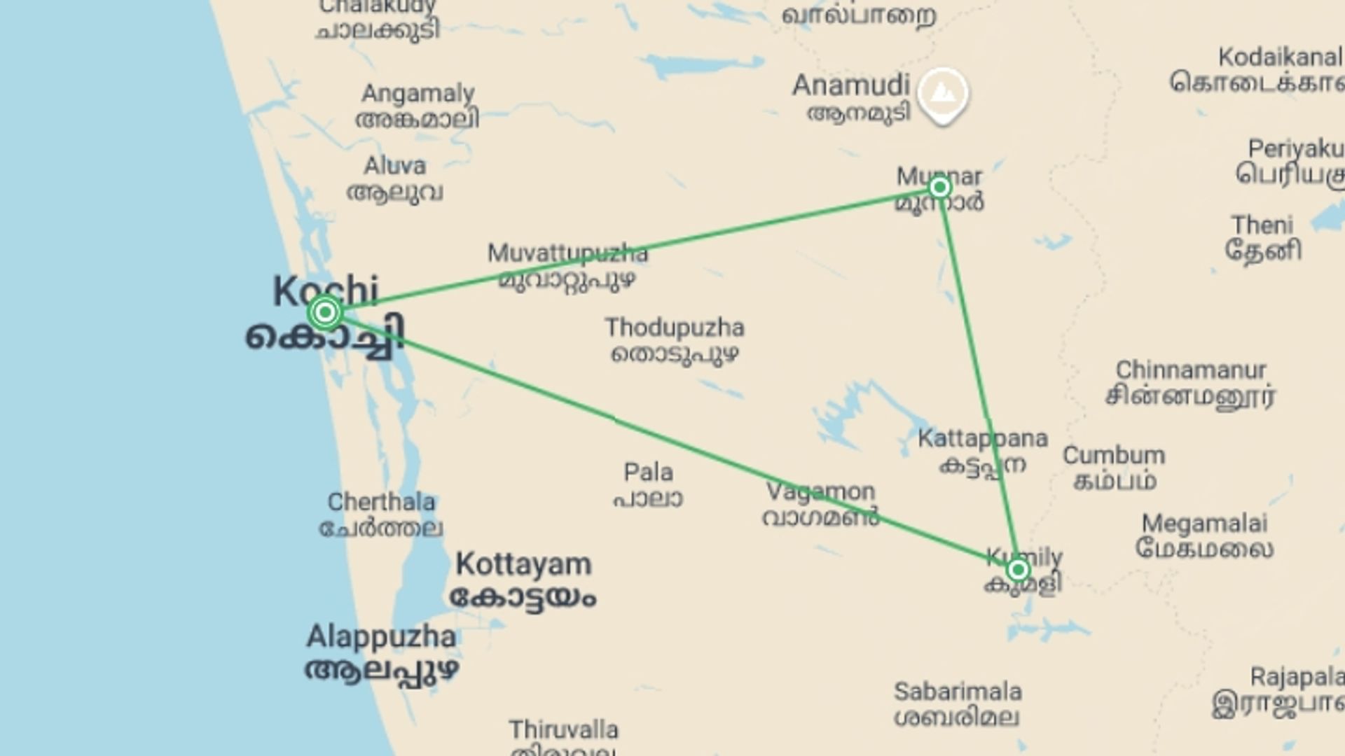 A map showing the tour itinerary for the trip: A Taste of Southern India - Temples and Tea Plantations, starting in India and ending in India going through 3 other destinations.