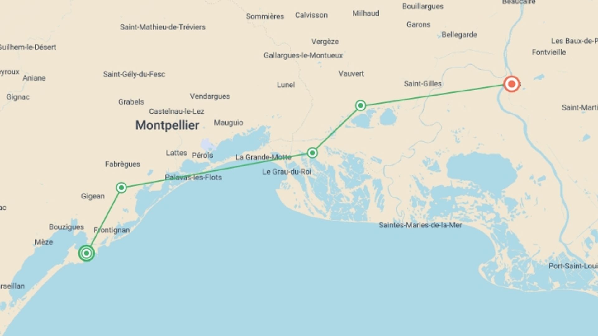 A map showing the tour itinerary for the trip: A Taste of the Mediterranean: A Cruise through the Heart of Provence and the Camargue Region (port-to-port cruise), starting in Provence, France and ending in Provence, France going through 4 other destinations.