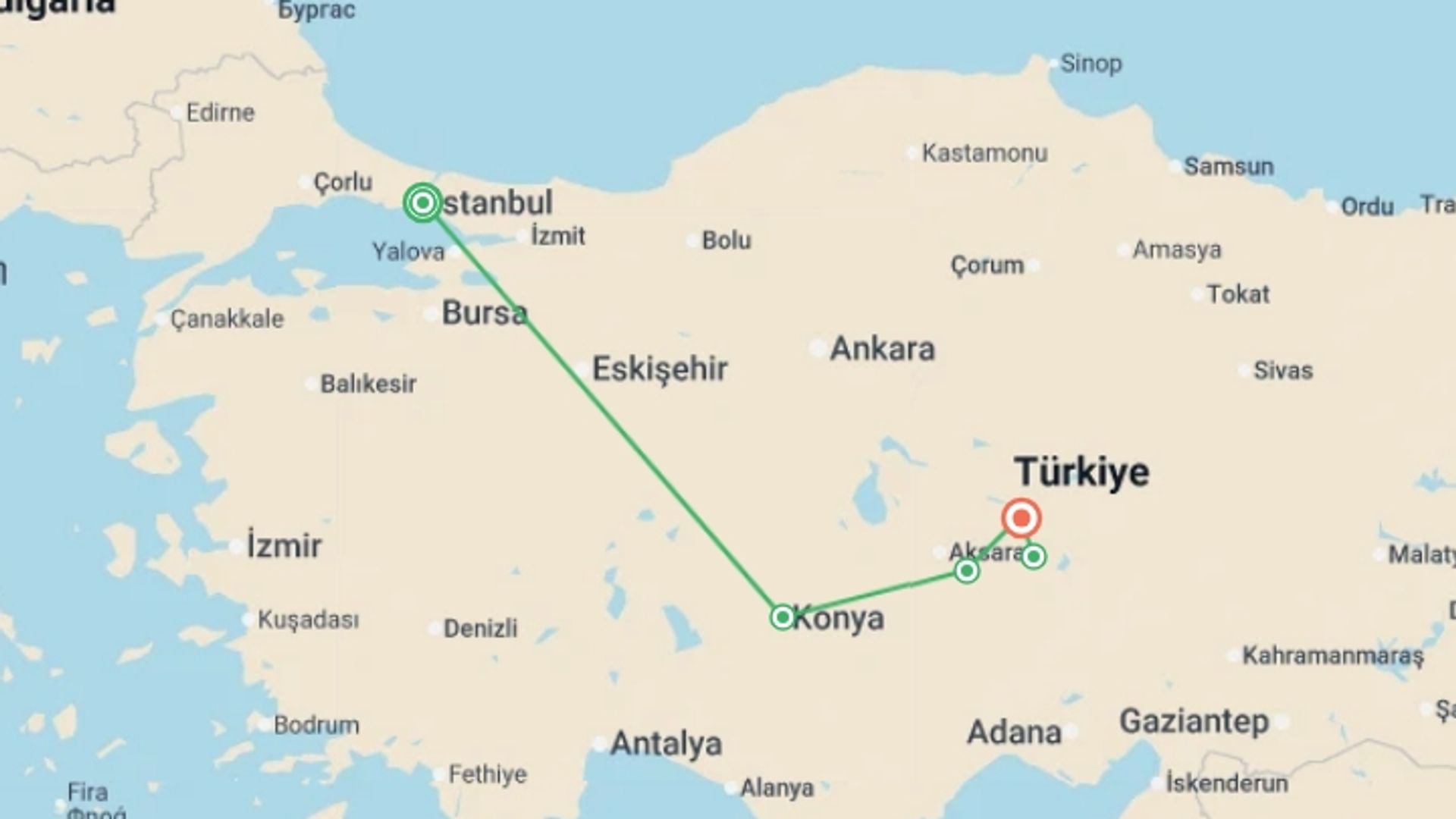 A map showing the tour itinerary for the trip: A Taste of Turkey - Istanbul to Cappadocia, starting in Istanbul, Turkey and ending in Kayseri, Turkey going through 5 other destinations.