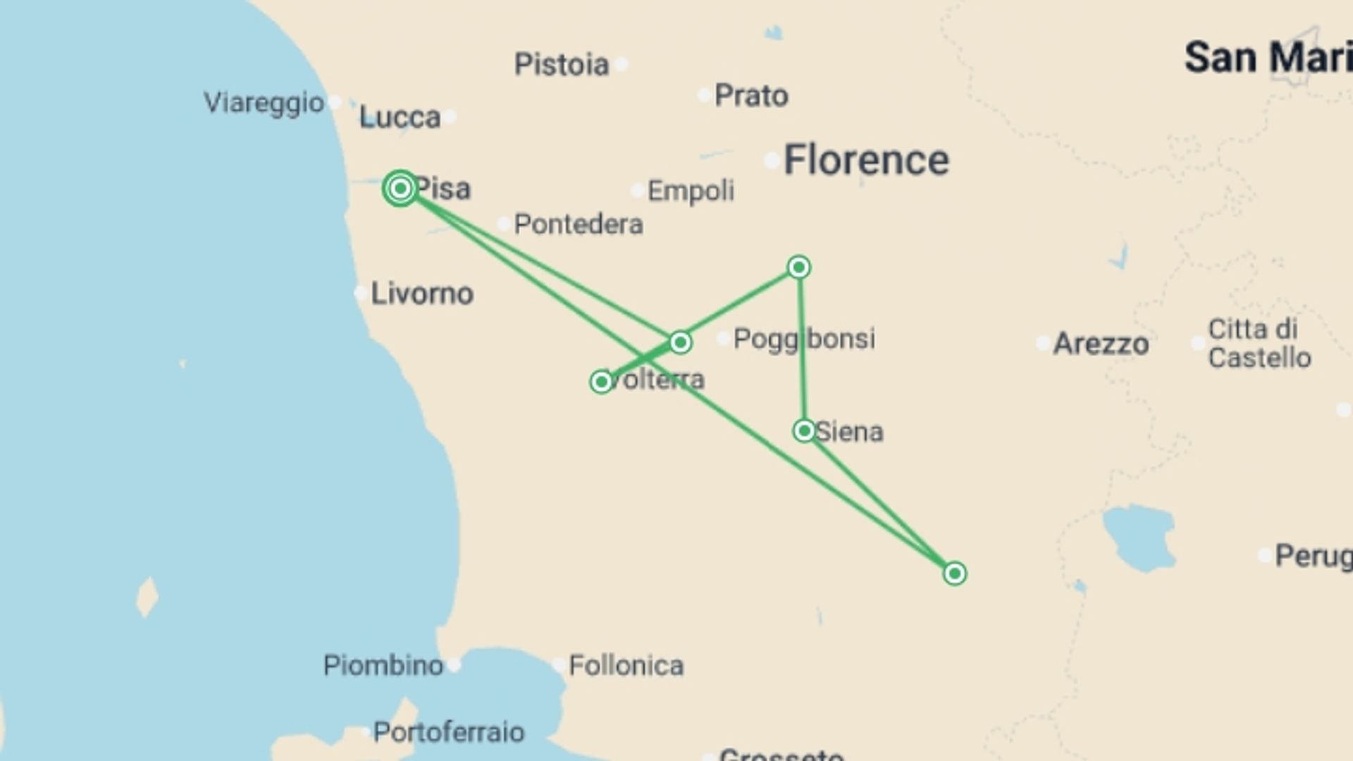 A map showing the tour itinerary for the trip: A Taste of Tuscany - Hilltop Towns and Vineyards, starting in Pisa, Italy and ending in Pisa, Italy going through 5 other destinations.