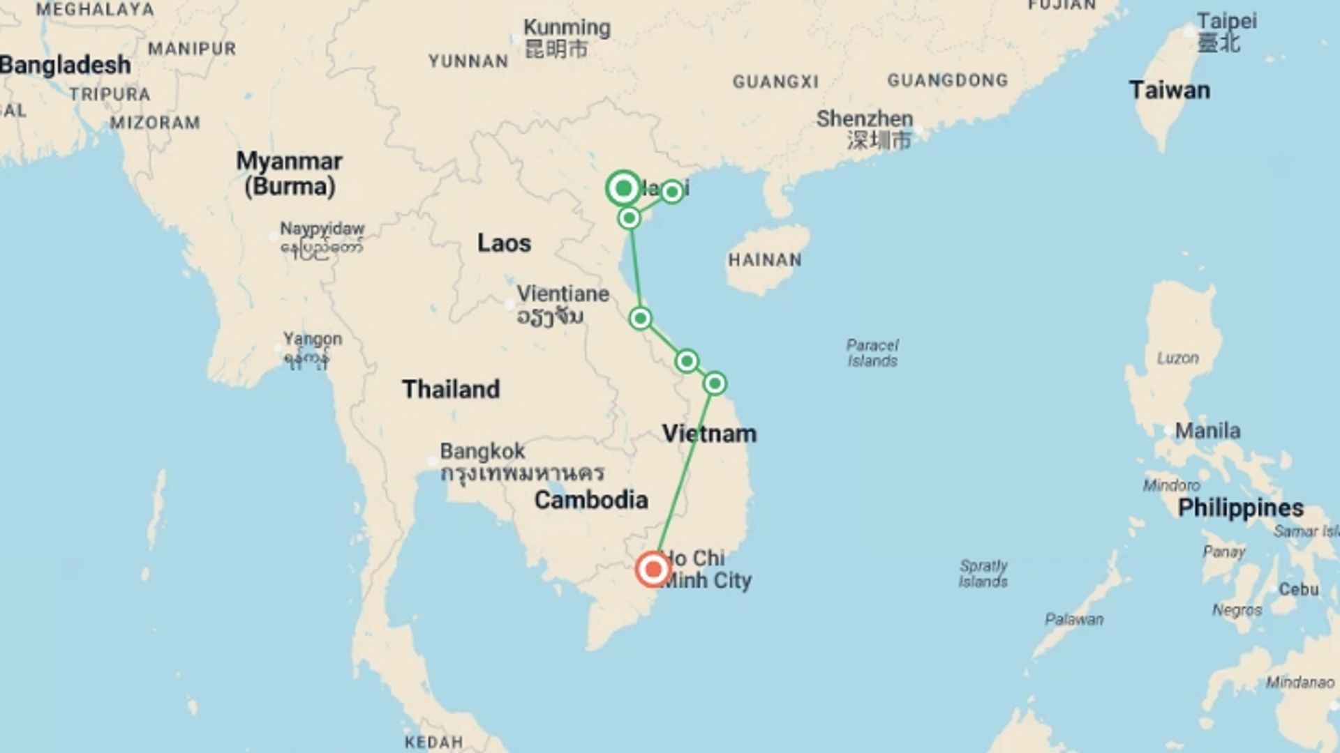 A map showing the tour itinerary for the trip: A Taste of Vietnam - Halong Bay to the Mekong Delta, starting in Hanoi, Vietnam and ending in Ho Chi Minh City, Vietnam going through 6 other destinations.
