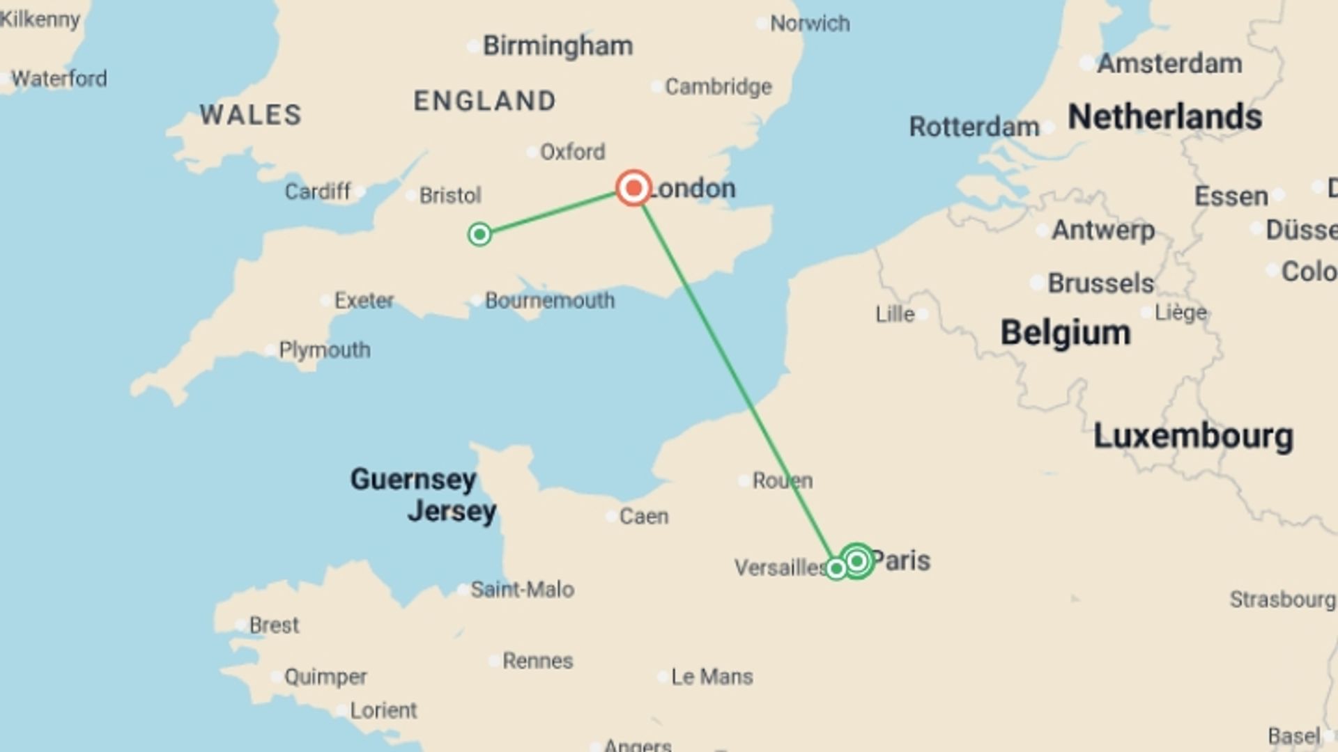 A map showing the tour itinerary for the trip: A Week Exploring Paris and London, starting in Paris, France and ending in London, England going through 3 other destinations.