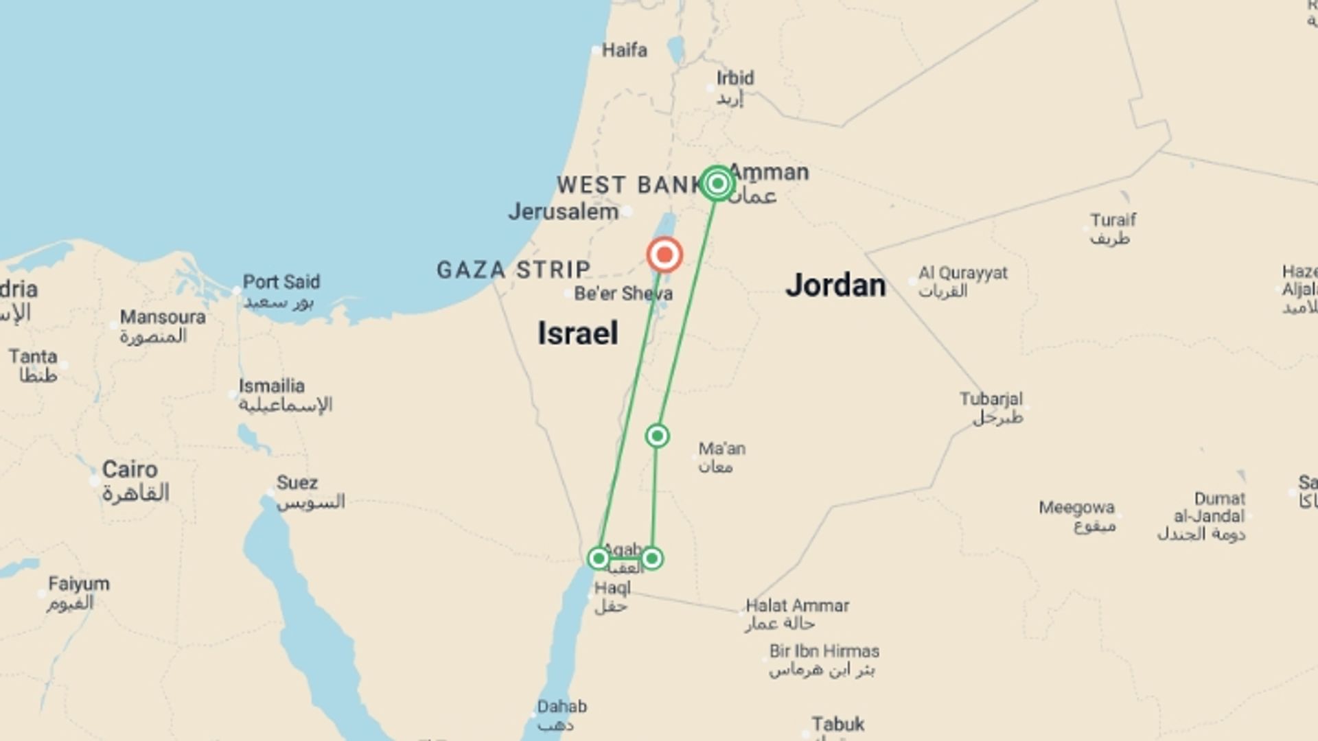 A map showing the tour itinerary for the trip: A Week in Jordan, starting in Amman, Jordan and ending in Dead Sea, Jordan going through 5 other destinations.