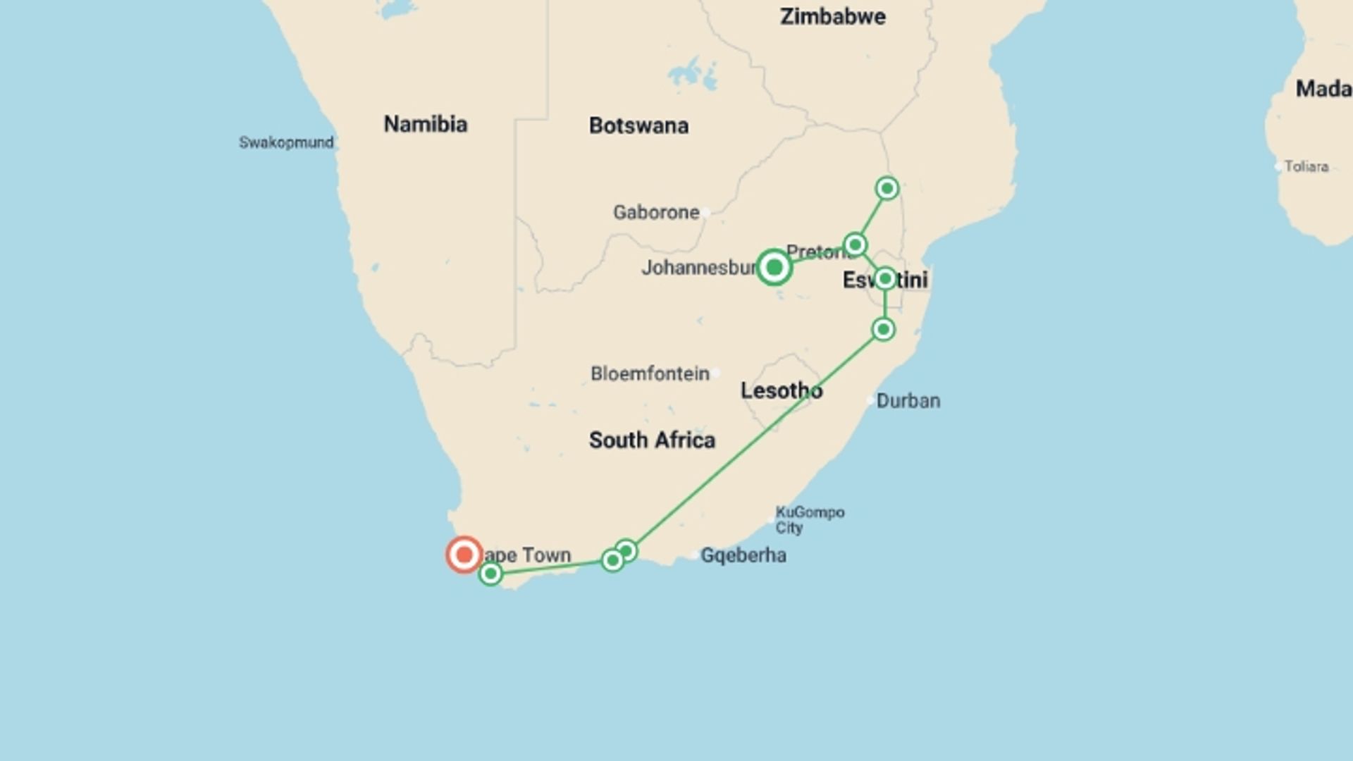 A map showing the tour itinerary for the trip: A World In One Country, starting in Johannesburg, South Africa and ending in Cape Town, South Africa going through 7 other destinations.
