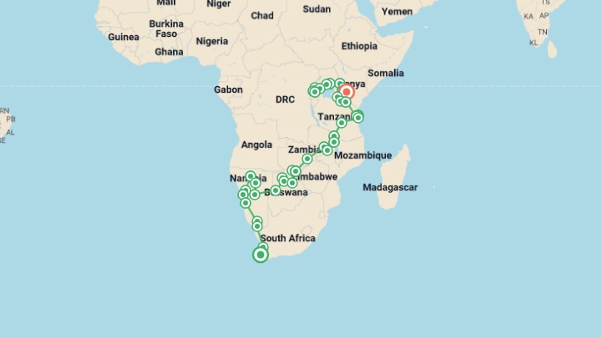 A map showing the tour itinerary for the trip: Absolute Africa Overland Safari & Participation Camping, starting in Cape Town, South Africa and ending in Nairobi, Kenya going through 25 other destinations.