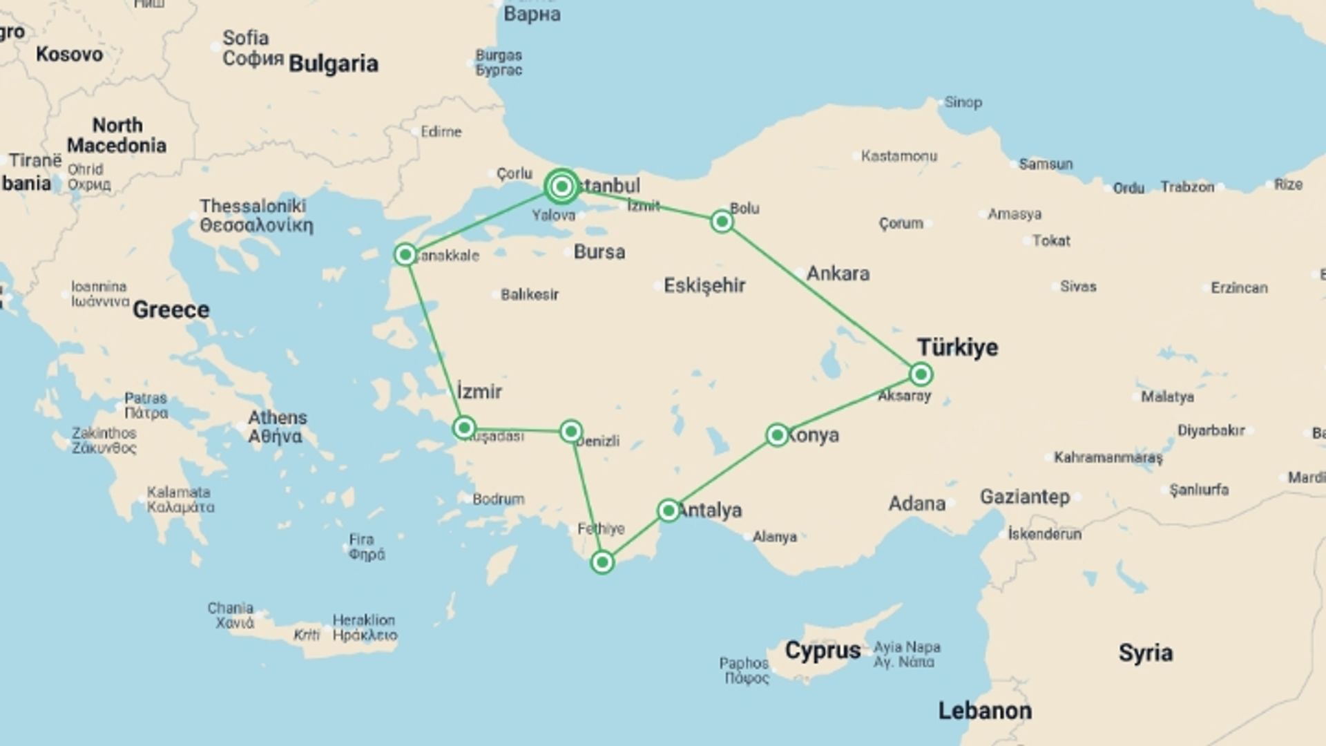 A map showing the tour itinerary for the trip: Absolute Turkey, starting in Istanbul, Turkey and ending in Istanbul, Turkey going through 8 other destinations.