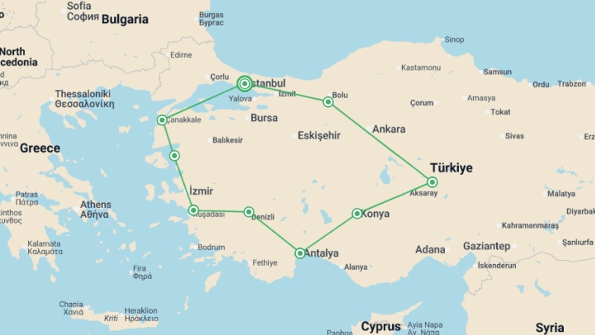A map showing the tour itinerary for the trip: Absolute Turkey: Winter, starting in Istanbul, Turkey and ending in Istanbul, Turkey going through 8 other destinations.