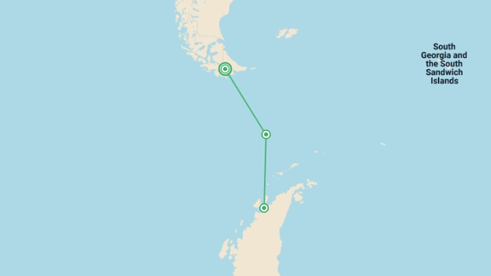 A map showing the tour itinerary for the trip: Across the Antarctic Circle - M/V Greg Mortimer, starting in Ushuaia, Argentina and ending in Ushuaia, Argentina going through 2 other destinations.