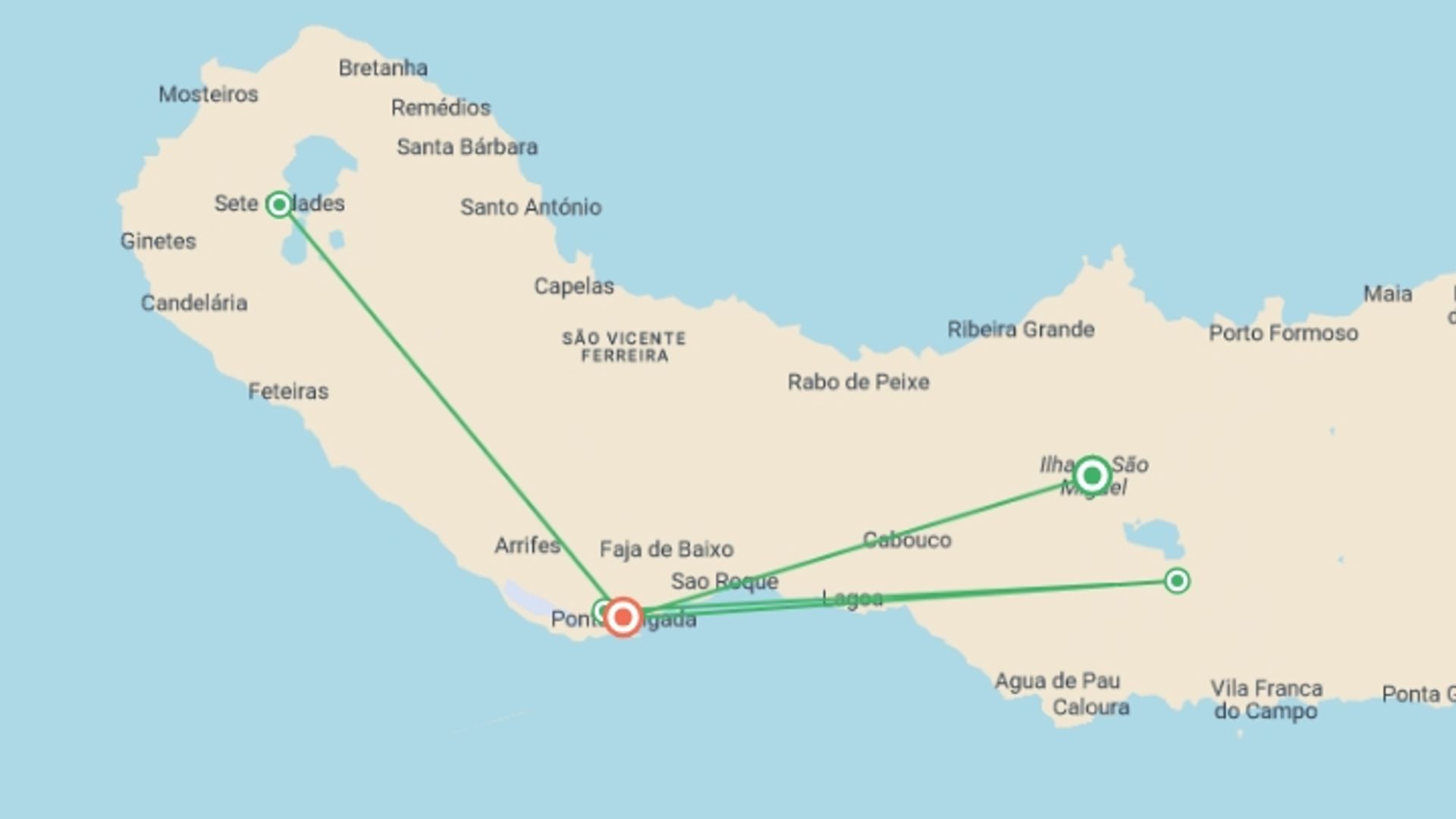 A map showing the tour itinerary for the trip: Active Azores: Volcanoes & Ocean, starting in Sao Miguel, Portugal and ending in Sao Miguel, Portugal going through 3 other destinations.