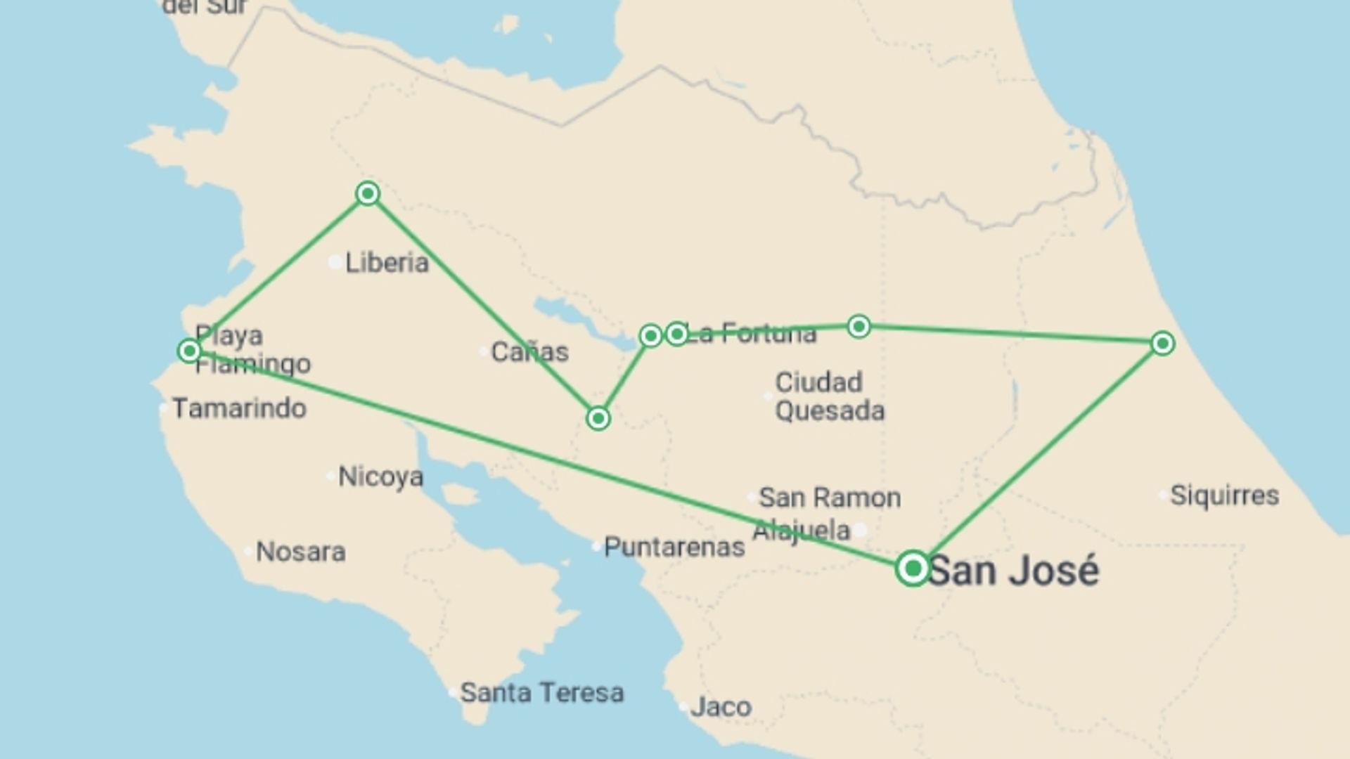 A map showing the tour itinerary for the trip: Active Costa Rica: Waterways & Wildlife, starting in San Jose, Costa Rica and ending in San Jose, Costa Rica going through 6 other destinations.