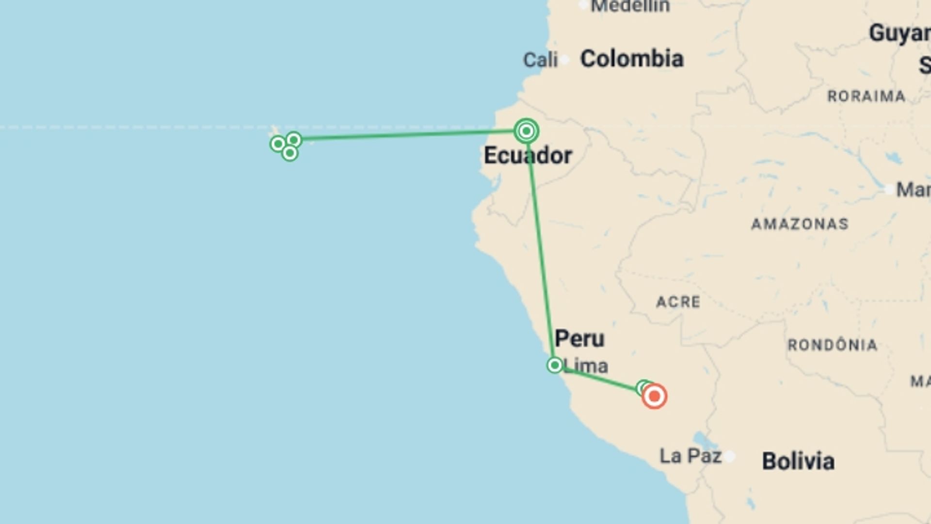 A map showing the tour itinerary for the trip: Active Galápagos & Machu Picchu, starting in Quito, Ecuador and ending in Cusco, Peru going through 7 other destinations.