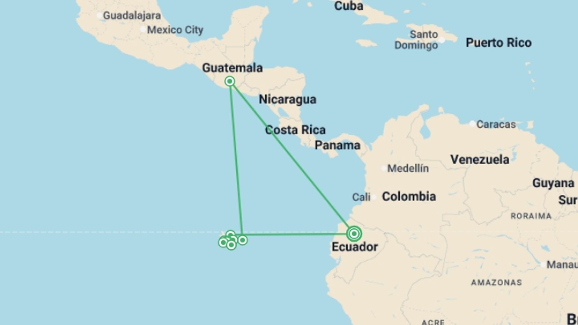 A map showing the tour itinerary for the trip: Active Galapagos: Trails & Marine Life, starting in Quito, Ecuador and ending in Quito, Ecuador going through 3 other destinations.