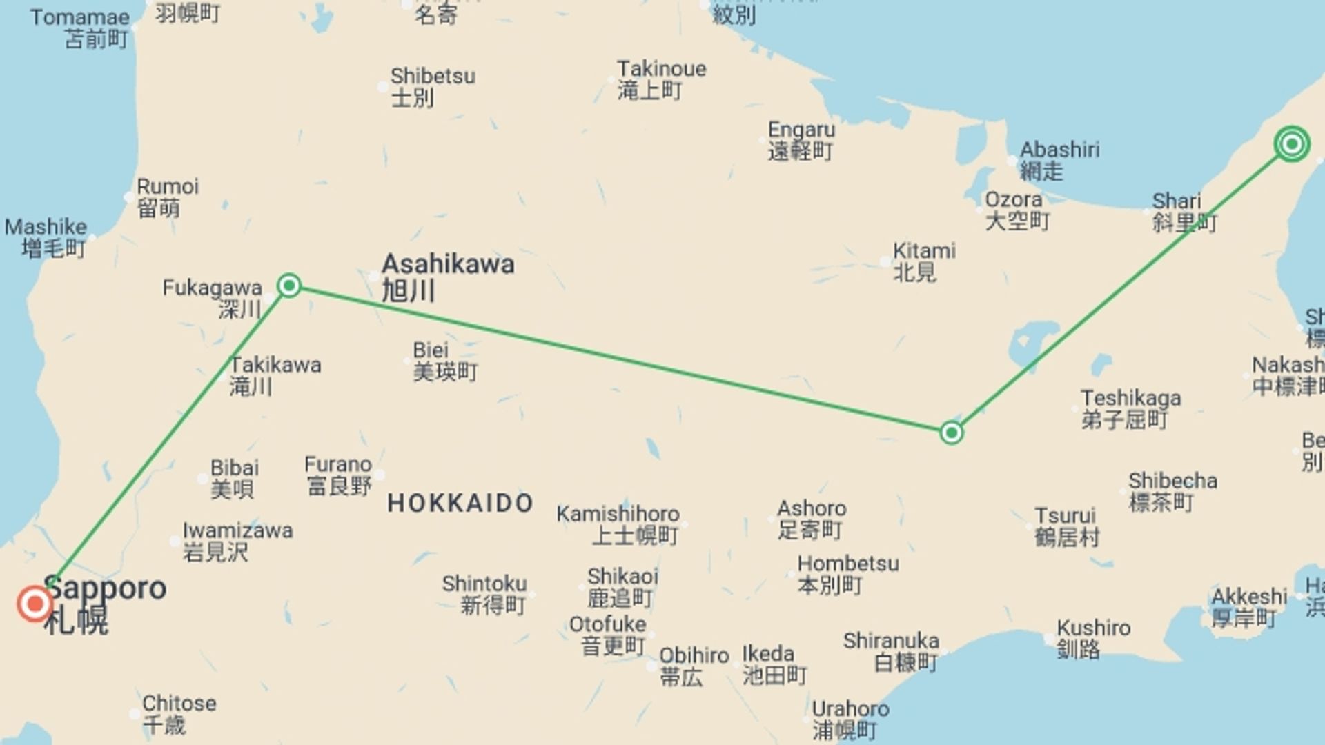 A map showing the tour itinerary for the trip: Active Japan: Hokkaido Adventure, starting in Tokyo, Japan and ending in Sapporo, Japan going through 3 other destinations.