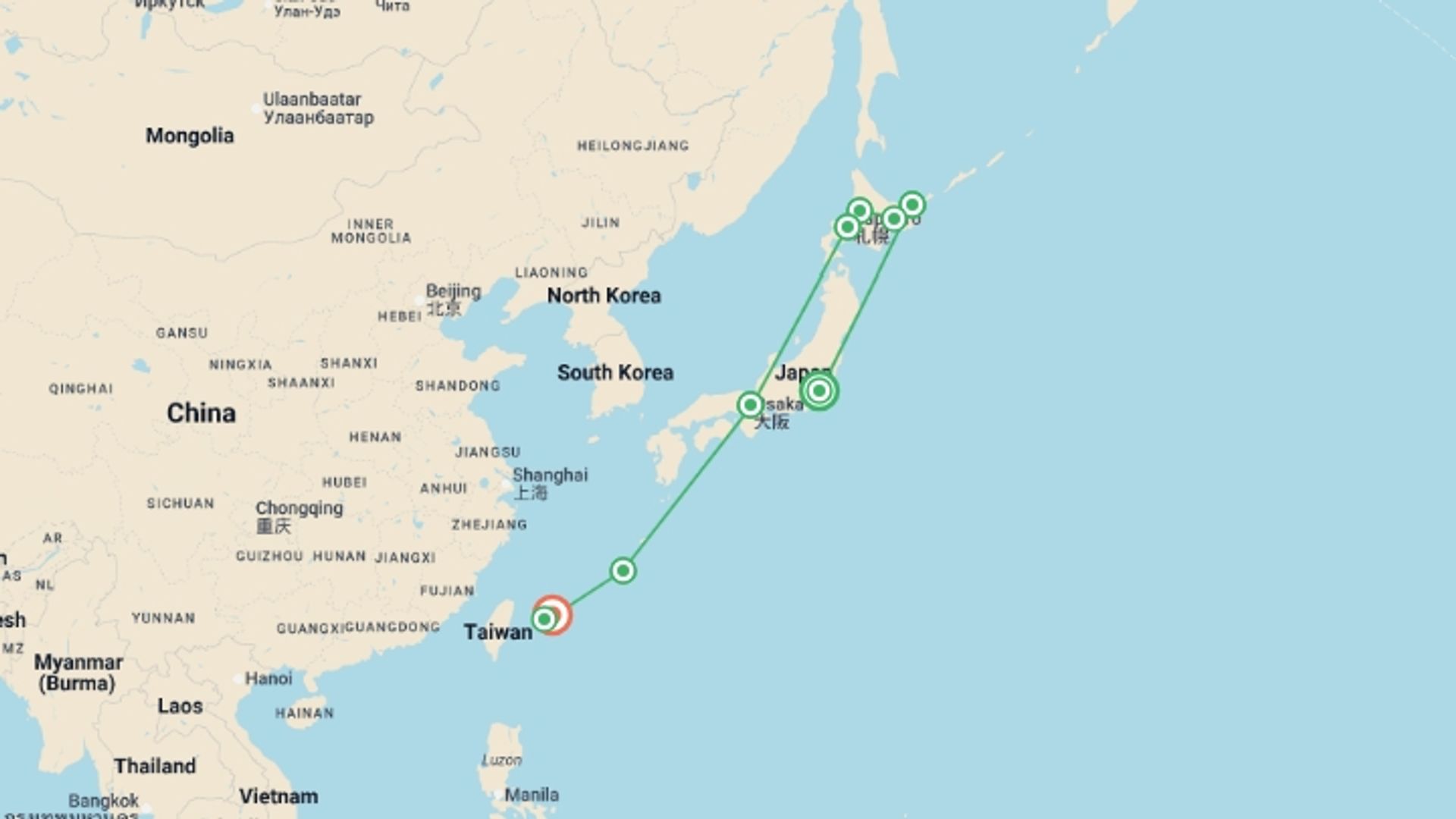 A map showing the tour itinerary for the trip: Active Japan: Hokkaido Highlights & Okinawa Island Hopping, starting in Tokyo, Japan and ending in Tokyo, Japan going through 4 other destinations.
