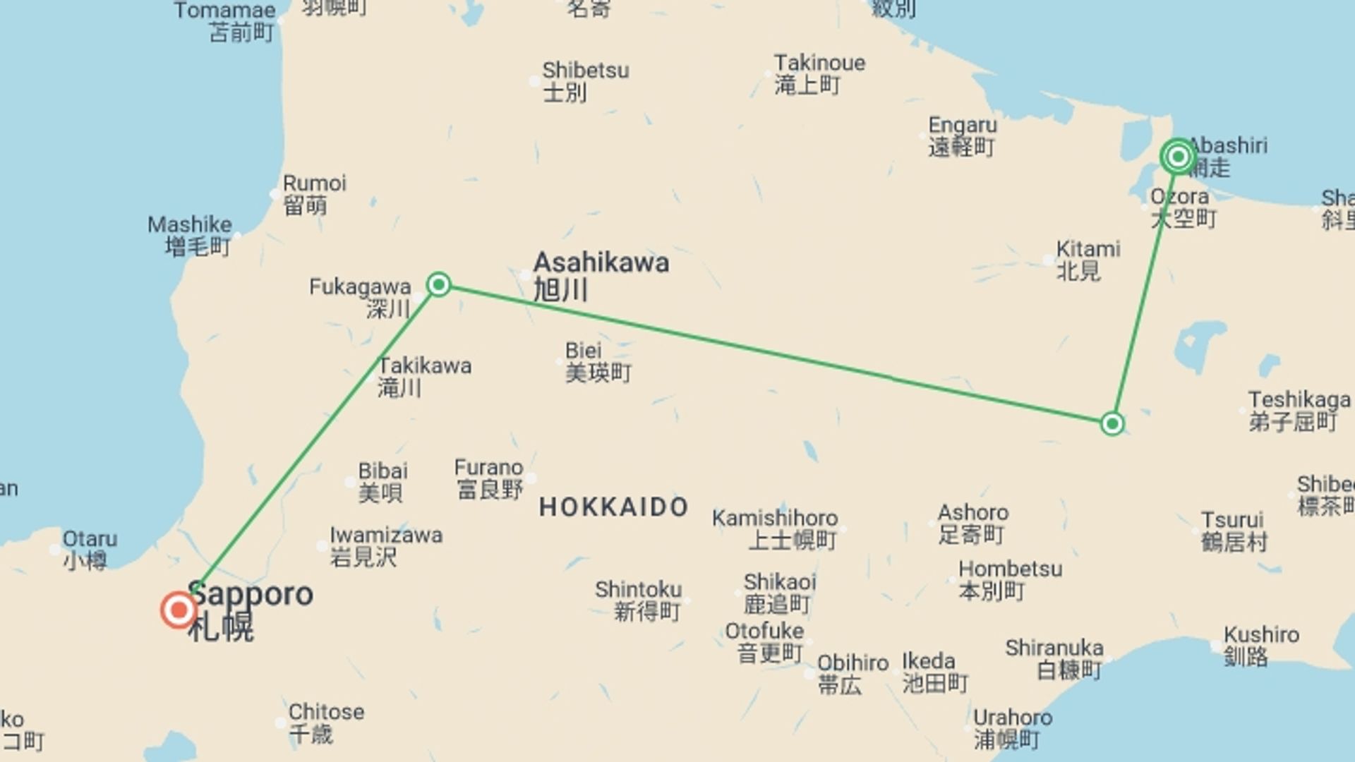 A map showing the tour itinerary for the trip: Active Japan: Hokkaido's Wild Trails & Volcanic Onsens, starting in Abashiri, Japan and ending in Sapporo, Japan going through 3 other destinations.
