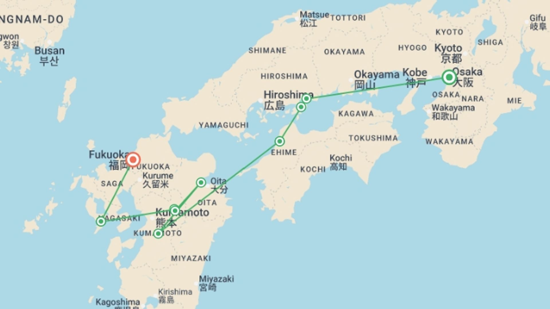 A map showing the tour itinerary for the trip: Active Japan: Kyushu & Shikoku, starting in Osaka, Japan and ending in Fukuoka, Japan going through 4 other destinations.