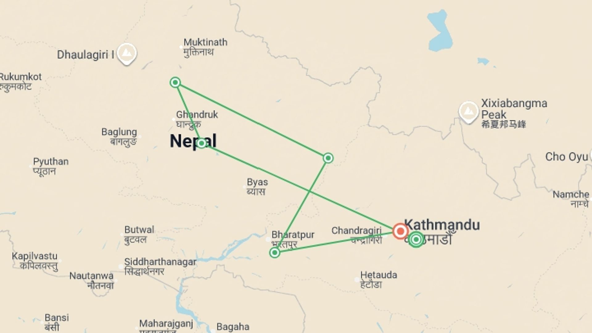 A map showing the tour itinerary for the trip: Active Nepal: Trails, Rivers & Wildlife, starting in  and ending in Kathmandu, Nepal going through 3 other destinations.