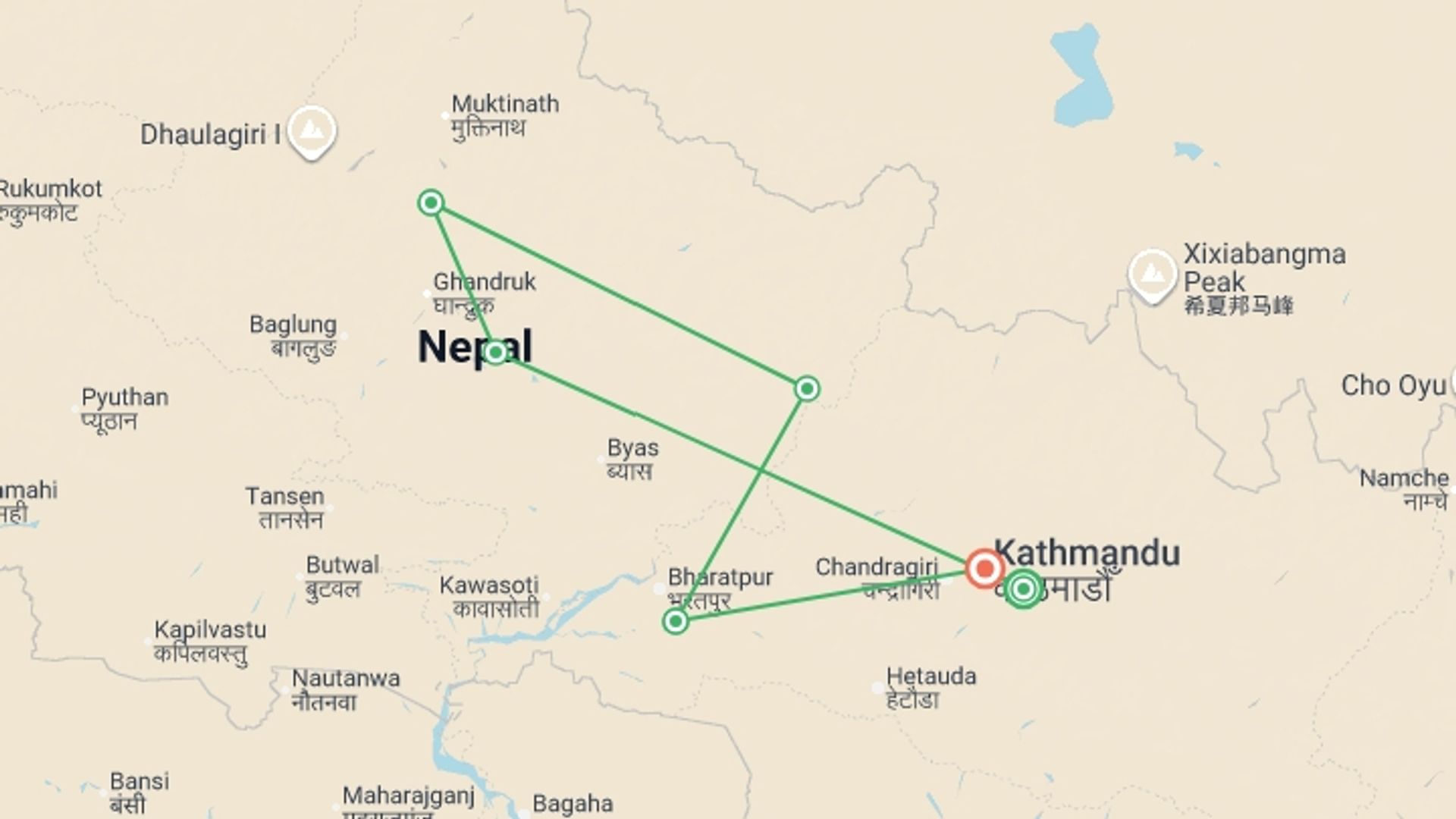 A map showing the tour itinerary for the trip: Active Nepal: Trails, Rivers & Wildlife, starting in Nepal and ending in Kathmandu, Nepal going through 3 other destinations.