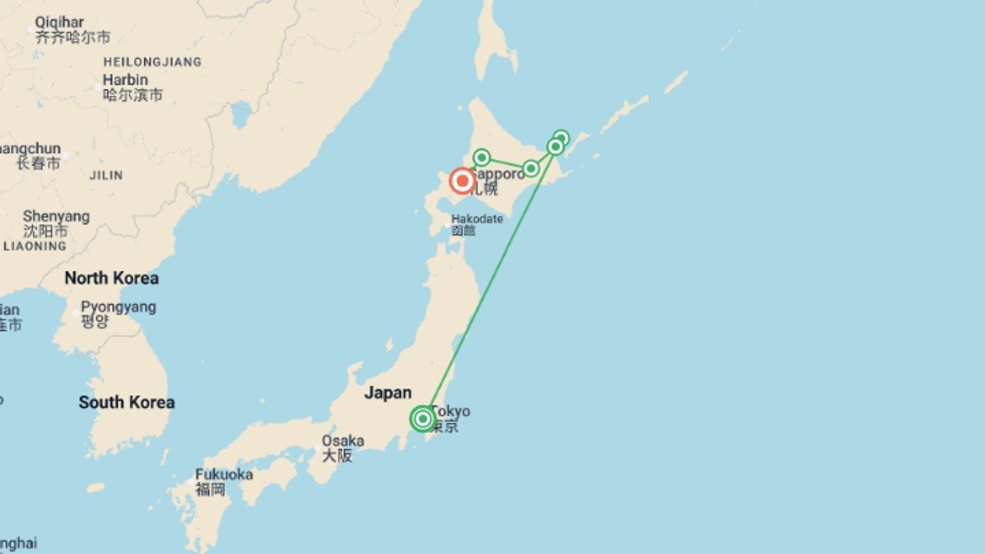 A map showing the tour itinerary for the trip: Active Northern Japan: Tokyo & Hokkaido, starting in Tokyo, Japan and ending in Sapporo, Japan going through 3 other destinations.