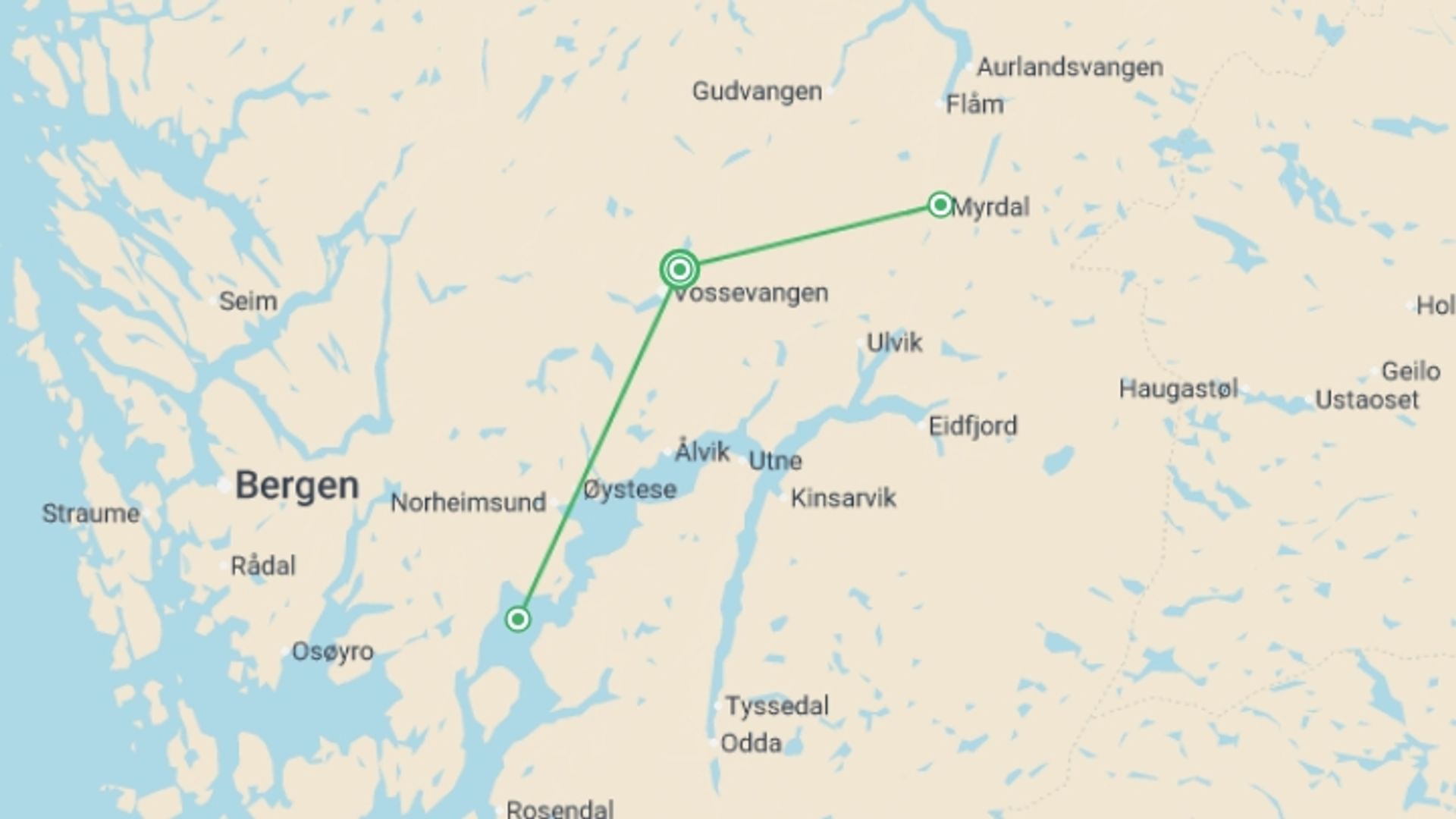 A map showing the tour itinerary for the trip: Active Norway: Fjords & Mountains, starting in Vossevangen, Norway and ending in Vossevangen, Norway going through 1 other destinations.