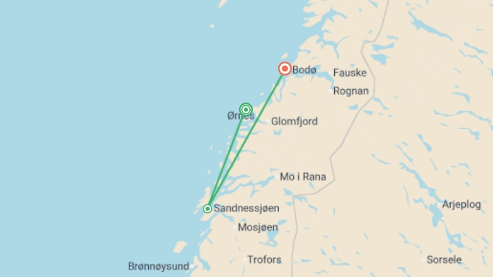 A map showing the tour itinerary for the trip: Active Norway: Glaciers & Northern Coast, starting in Norway and ending in Bodo, Norway going through 1 other destinations.