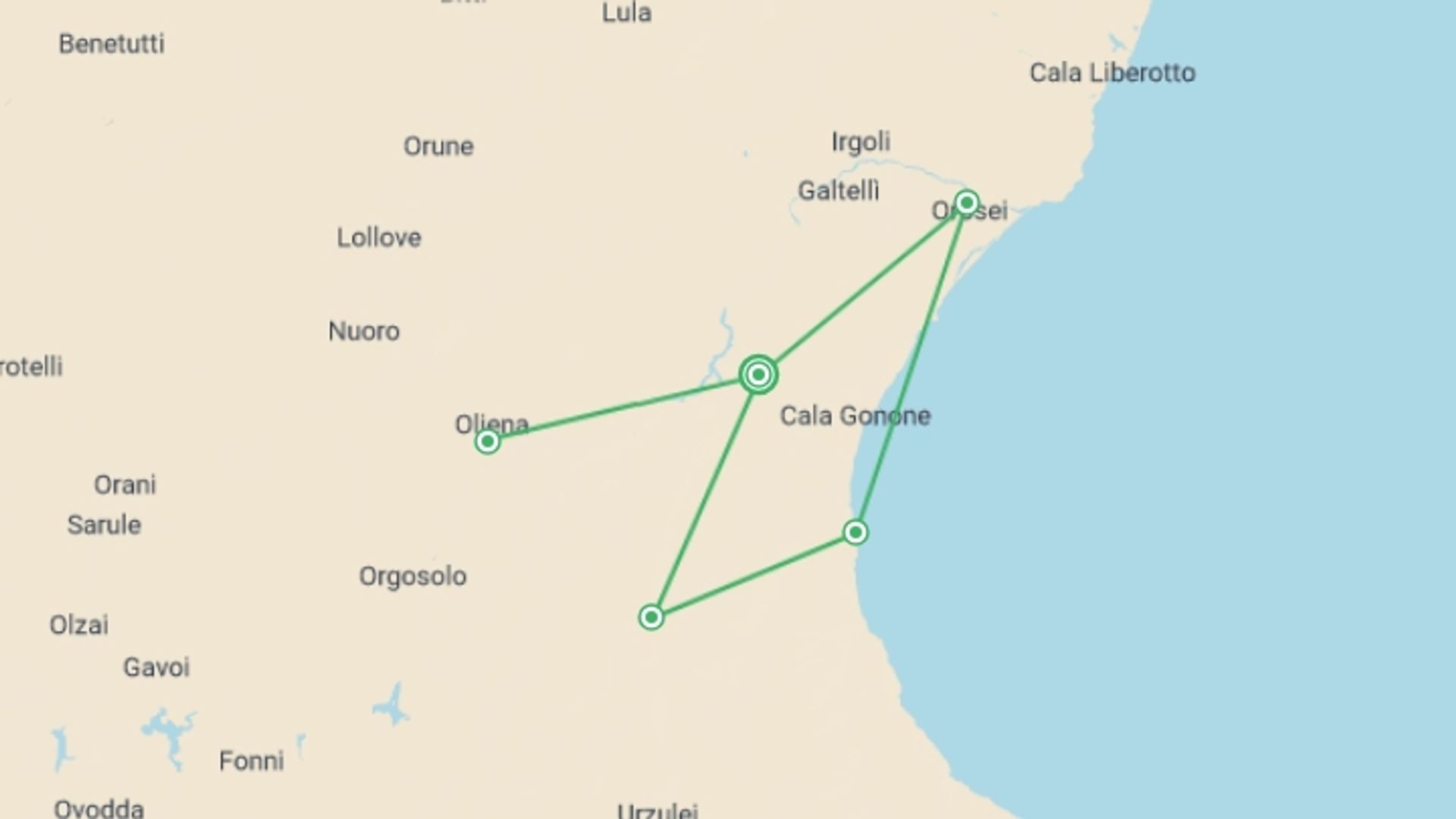 A map showing the tour itinerary for the trip: Active Sardinia: Coast & Coves, starting in Dorgali, Italy and ending in Dorgali, Italy going through 1 other destinations.