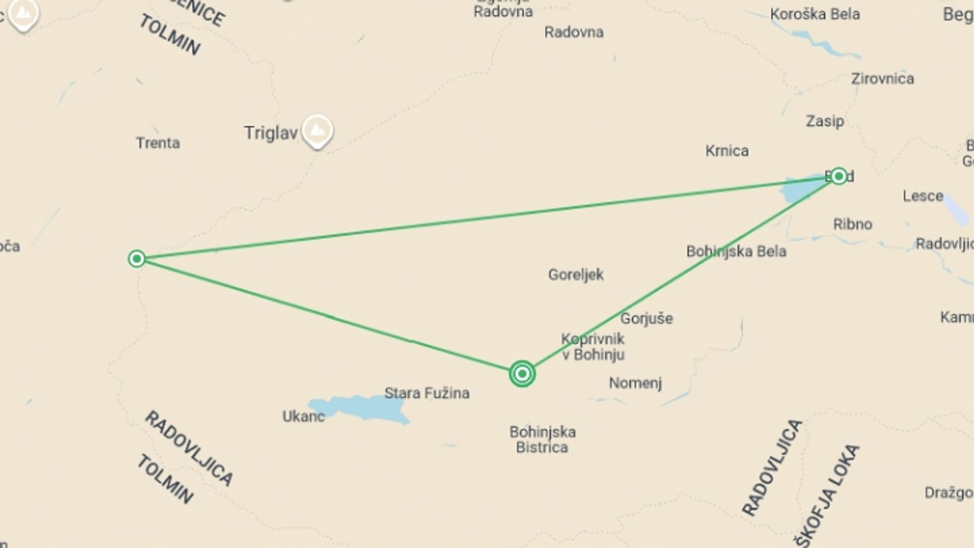 A map showing the tour itinerary for the trip: Active Slovenia: Alps, Lakes & Rivers, starting in Bohinj, Slovenia and ending in Bohinj, Slovenia going through 2 other destinations.