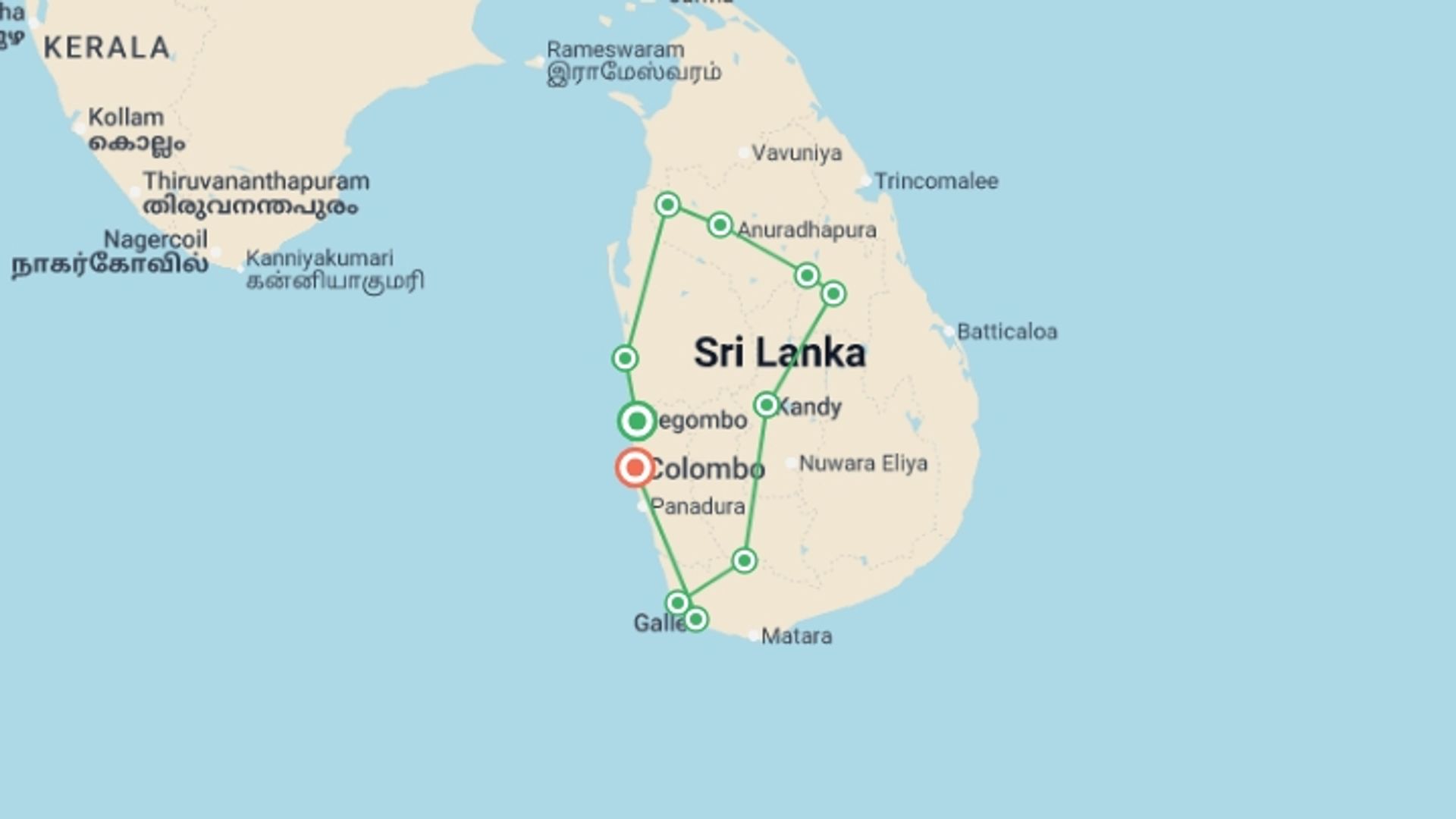 A map showing the tour itinerary for the trip: Active Sri Lanka, starting in Negombo, Sri Lanka and ending in Colombo, Sri Lanka going through 6 other destinations.