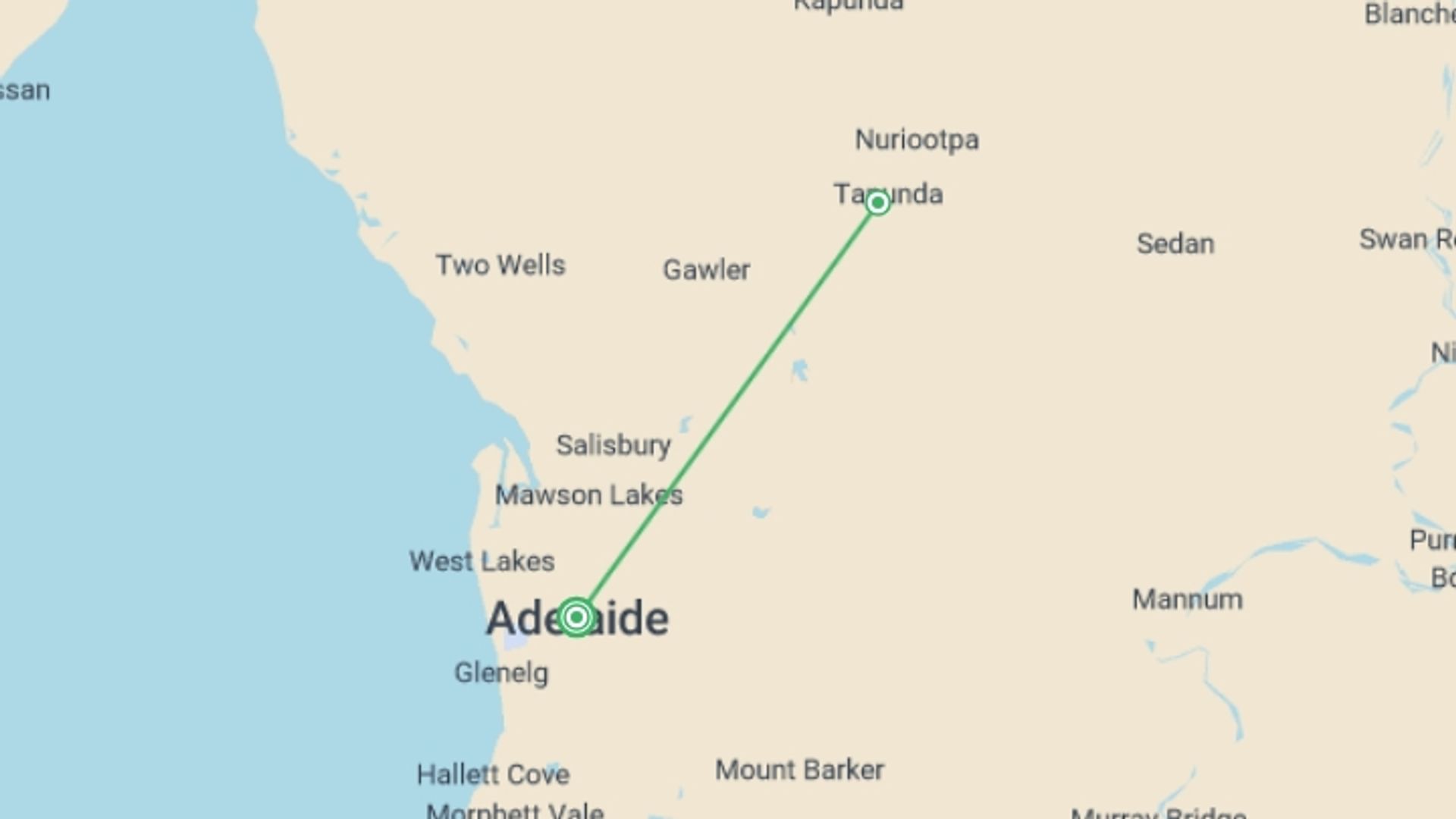 A map showing the tour itinerary for the trip: Adelaide City Highlights - 4 days, starting in Adelaide, Australia and ending in Adelaide, Australia going through 1 other destinations.