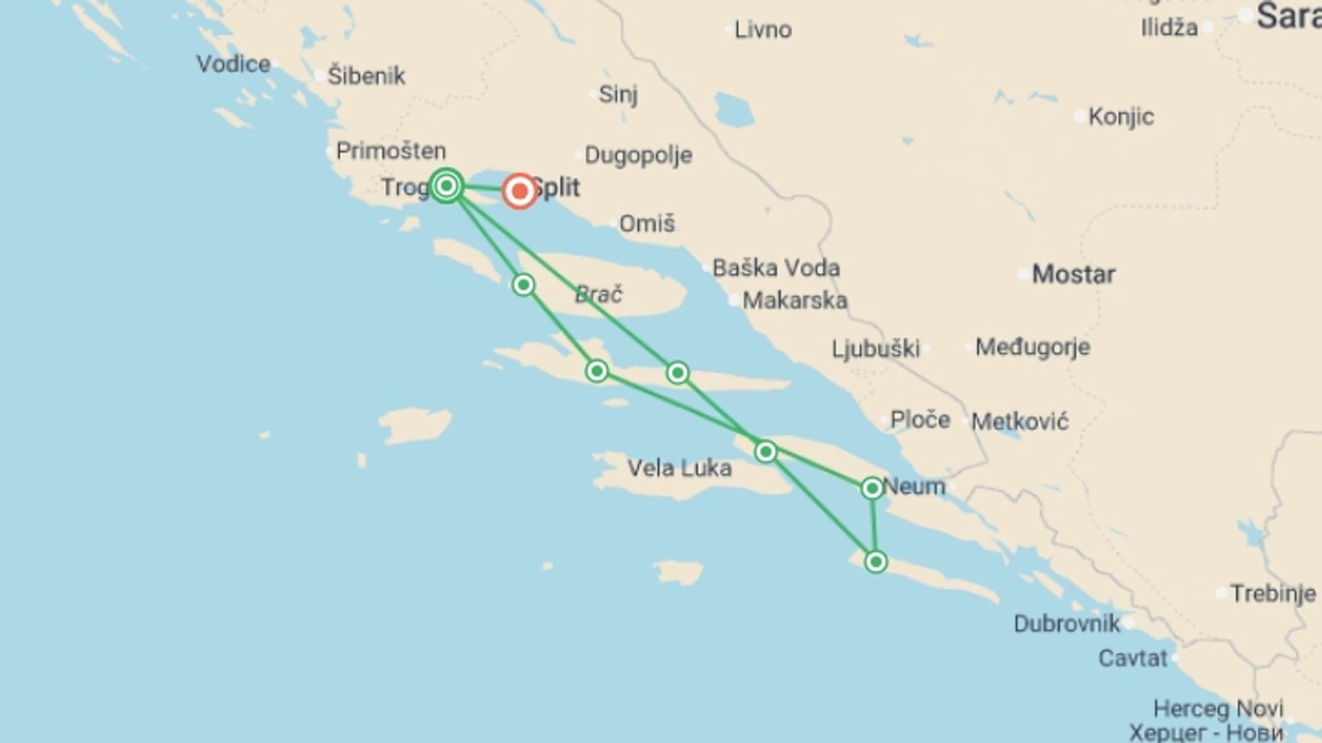 A map showing the tour itinerary for the trip: Adriatic Biking Cruise From Split, starting in Split, Croatia and ending in Split, Croatia going through 3 other destinations.