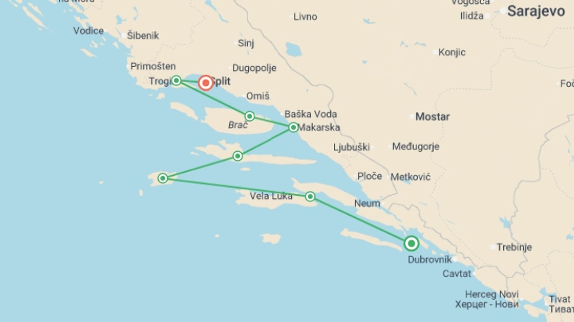 A map showing the tour itinerary for the trip: Adriatic Southern Pearl Cruise from Dubrovnik, starting in Dubrovnik, Croatia and ending in Split, Croatia going through 6 other destinations.