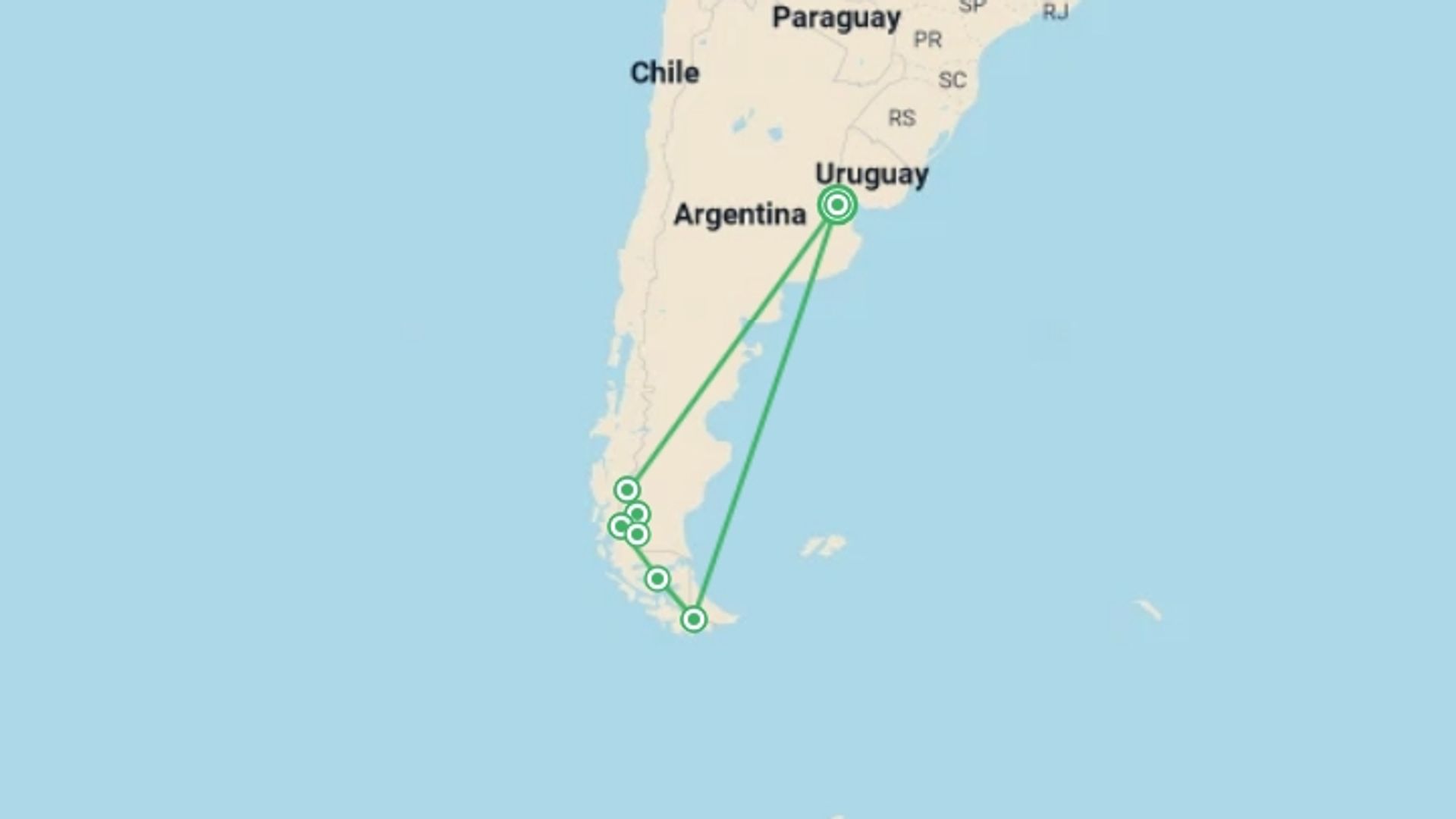 A map showing the tour itinerary for the trip: Adventures in Patagonia, starting in Buenos Aires, Argentina and ending in Buenos Aires, Argentina going through 6 other destinations.