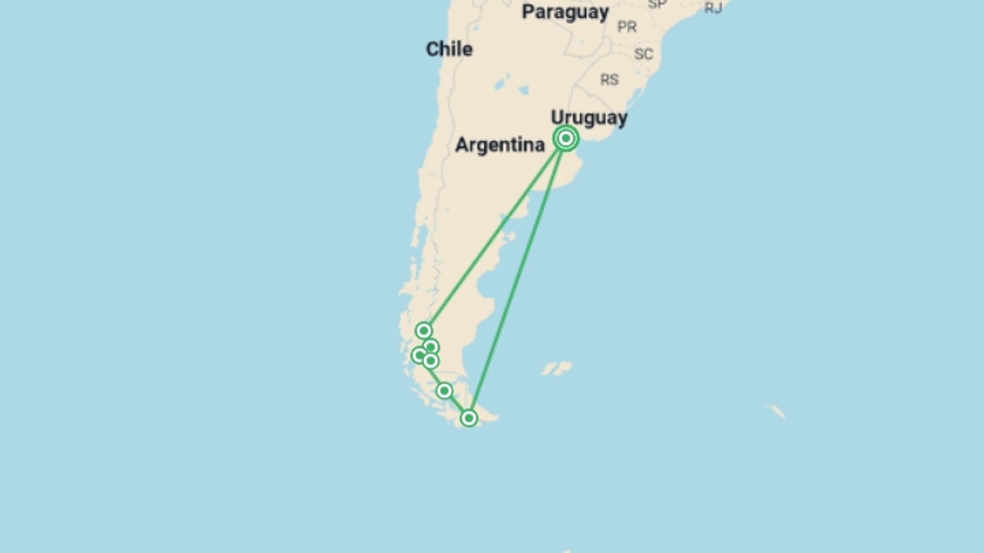 A map showing the tour itinerary for the trip: Adventures in Patagonia, starting in Buenos Aires, Argentina and ending in Buenos Aires, Argentina going through 6 other destinations.