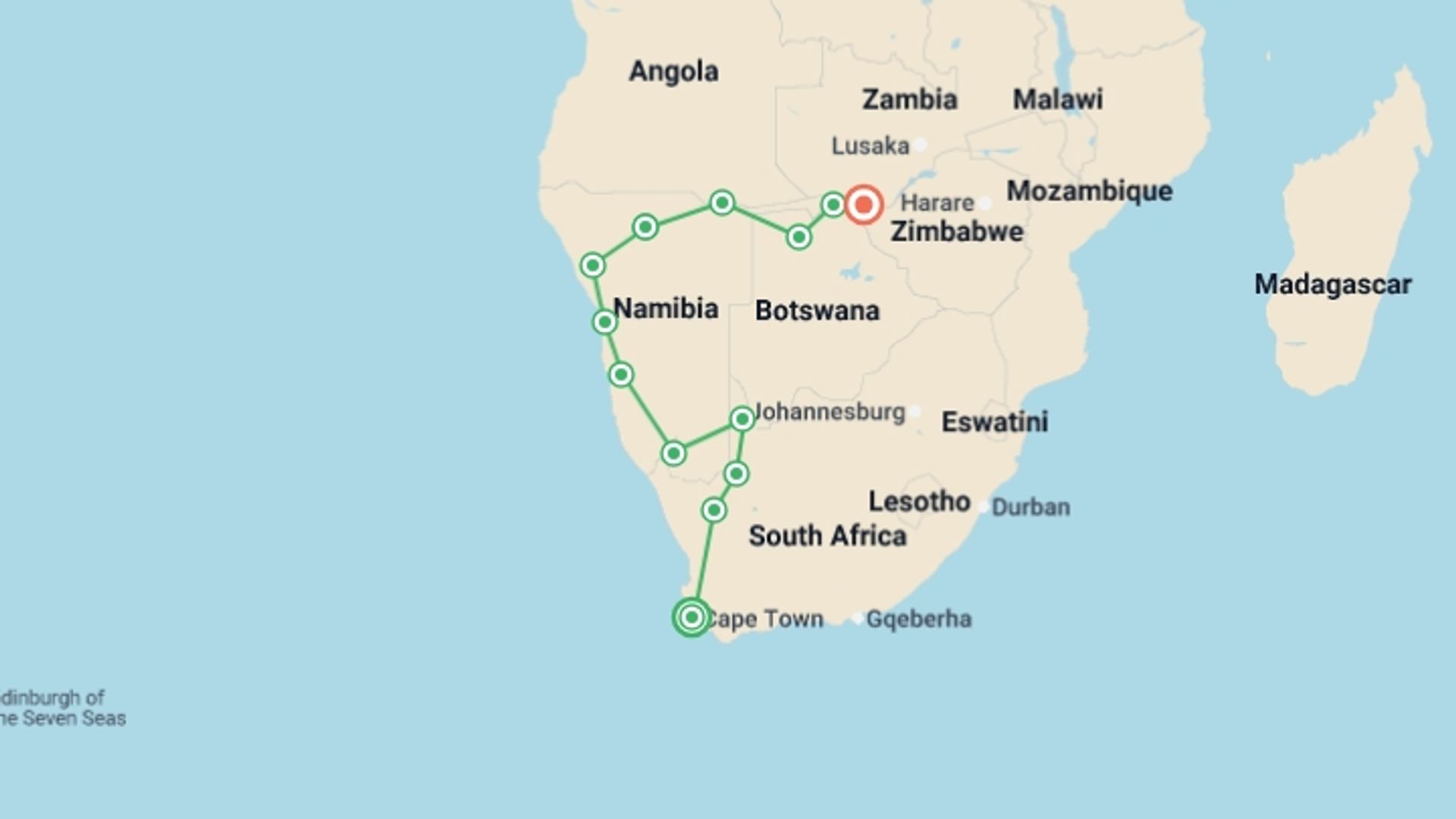 A map showing the tour itinerary for the trip: African Wildlife Explorer, starting in Cape Town, South Africa and ending in Victoria Falls, Zimbabwe going through 6 other destinations.