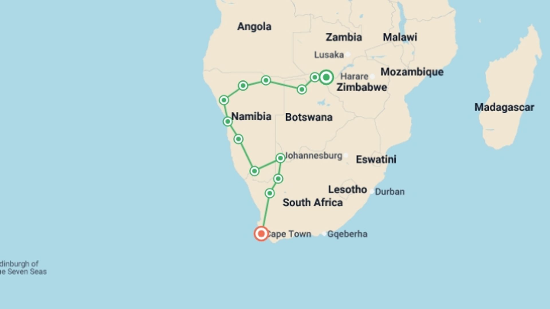 A map showing the tour itinerary for the trip: African Wildlife Explorer (VFA to CPT), starting in Victoria Falls, Zimbabwe and ending in Cape Town, South Africa going through 5 other destinations.