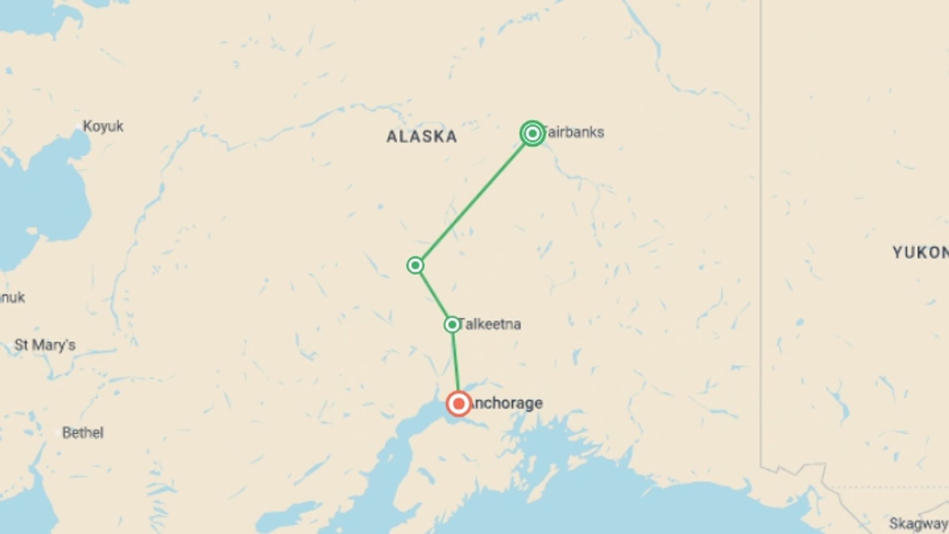 A map showing the tour itinerary for the trip: Alaska: America’s Last Frontier , starting in Fairbanks, USA and ending in Anchorage, USA going through 3 other destinations.