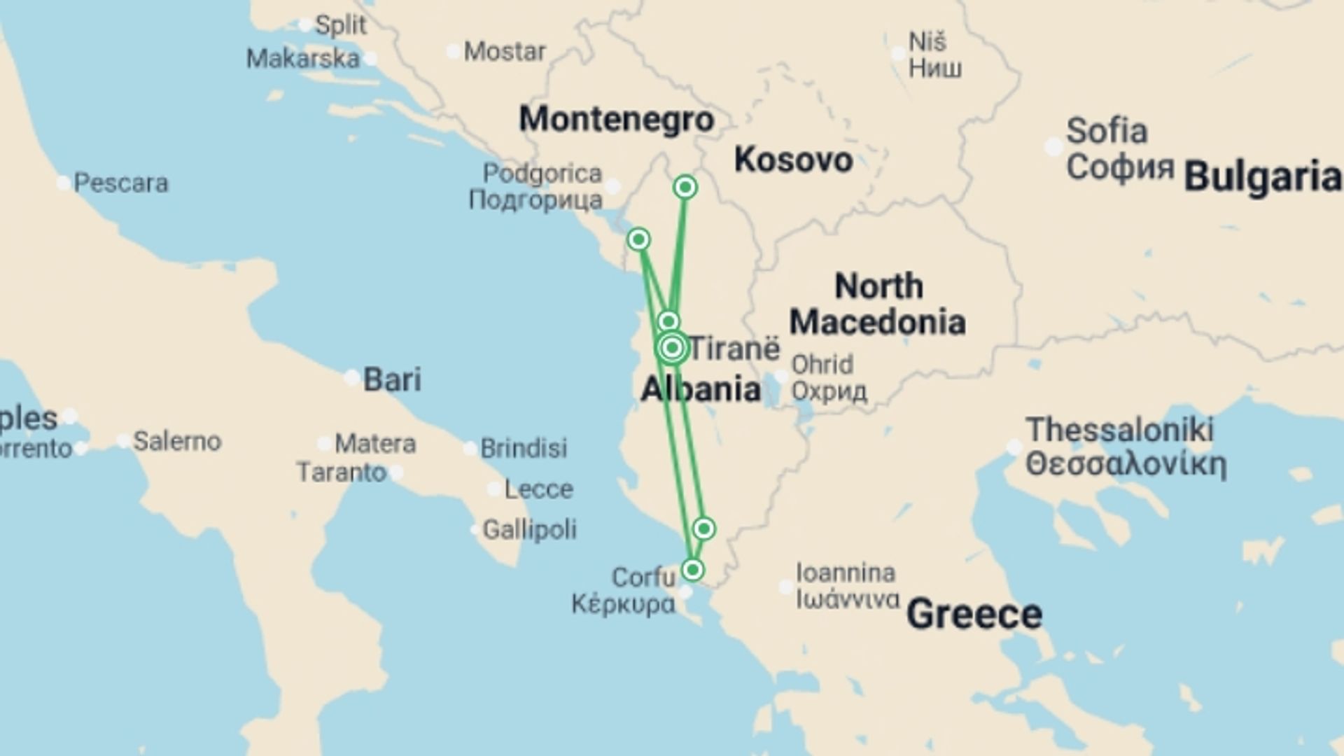 A map showing the tour itinerary for the trip: Albania Beaches & Mountains, starting in Tirana, Albania and ending in Tirana, Albania going through 3 other destinations.