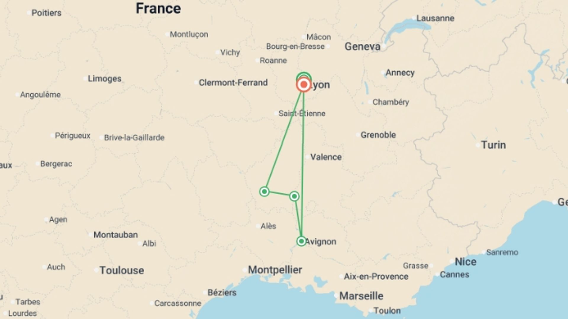 A map showing the tour itinerary for the trip: All the must-see sites on the Rhône between Lyon, Provence, and the Camargue with a dinner at Paul Bocuse's Abbaye de Collonges Restaurant OFFERED (port-to-port cruise), starting in Lyon, France and ending in Lyon, France going through 2 other destinations.