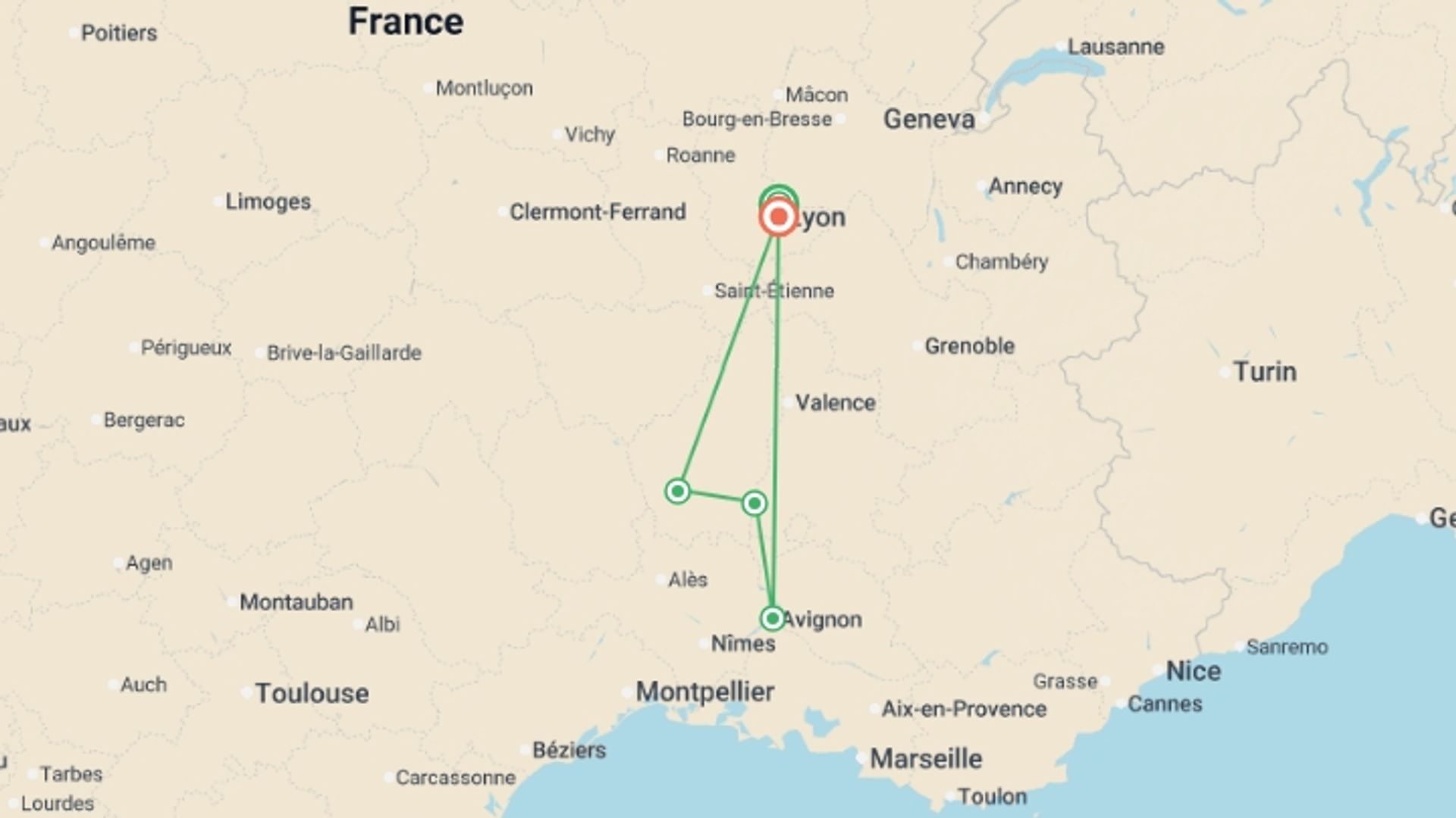 A map showing the tour itinerary for the trip: All the must-see sites on the Rhône between Lyon, Provence, and the Camargue with a dinner at Paul Bocuse's Abbaye de Collonges Restaurant OFFERED (port-to-port cruise), starting in Lyon, France and ending in Lyon, France going through 2 other destinations.