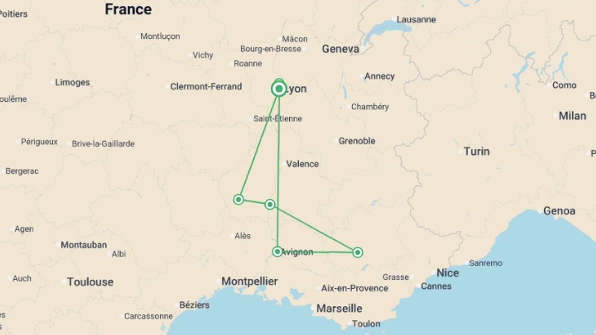 A map showing the tour itinerary for the trip: All the must-see sites on the Rhône between Lyon, Provence, and the Camargue with a dinner at Paul Bocuse's Abbaye de Collonges Restaurant OFFERED (port-to-port cruise), starting in Lyon, France and ending in Lyon, France going through 3 other destinations.