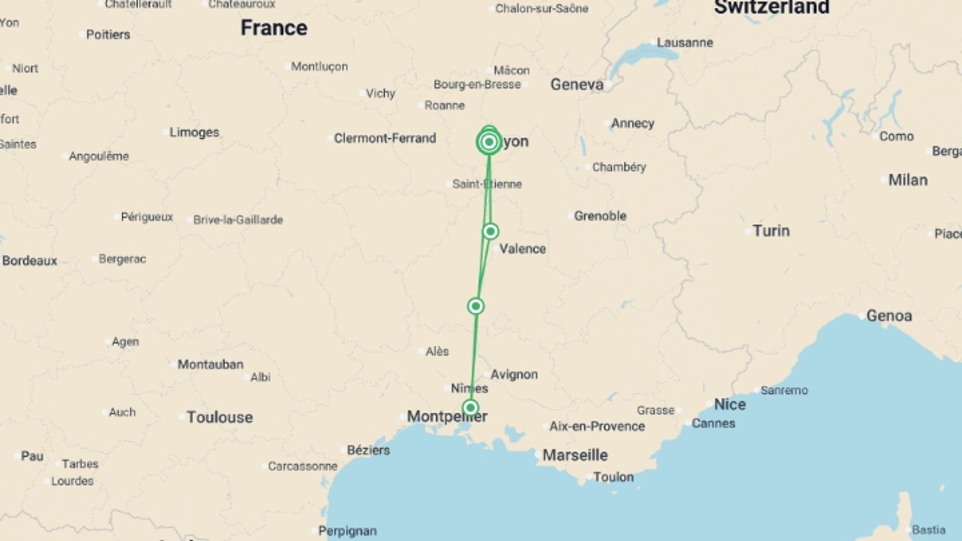 A map showing the tour itinerary for the trip: All the must-see sites on the Rhône between Lyon, Provence, and the Camargue with a dinner at Paul Bocuse's Abbaye de Collonges Restaurant OFFERED (port-to-port cruise), starting in Lyon, France and ending in Lyon, France going through 3 other destinations.