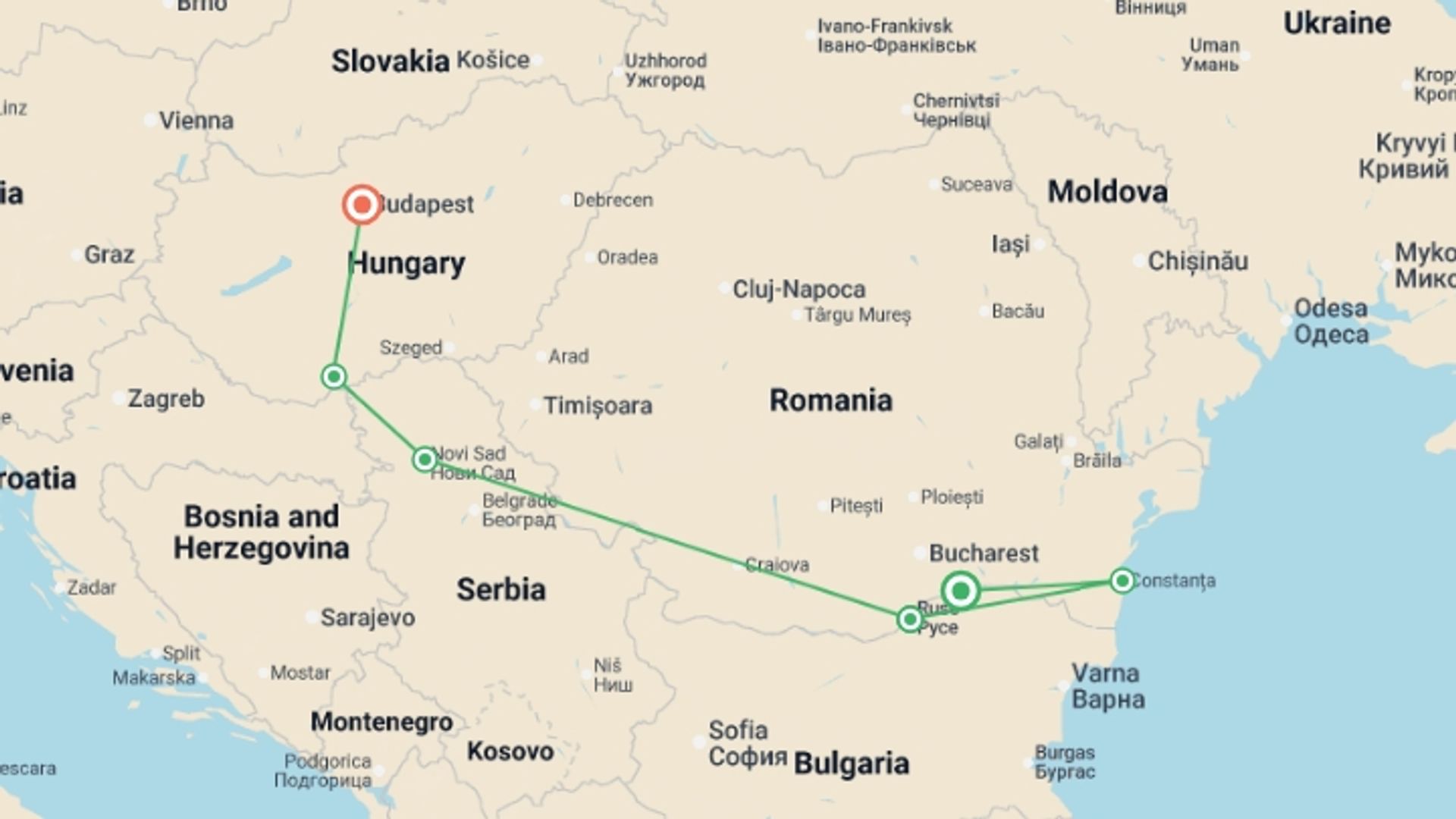 A map showing the tour itinerary for the trip: Along the Danube, the Balkan peninsula and Budapest (port-to-port cruise), starting in Oltnenita, Romania and ending in Budapest, Hungary going through 3 other destinations.