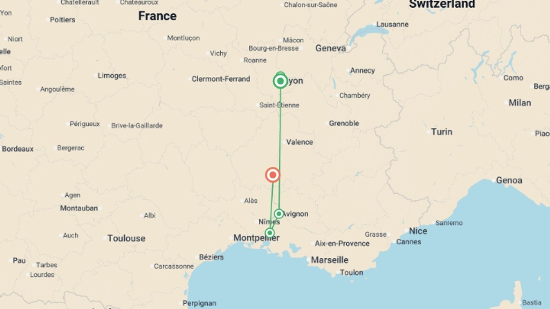 A map showing the tour itinerary for the trip: Along the Rhône between Lyon, the Camargue and Provence, with a COMPLIMENTARY dinner at the Abbaye de Collonges ¿ Paul Bocuse (port-to-port cruise), starting in Lyon, France and ending in France going through 3 other destinations.