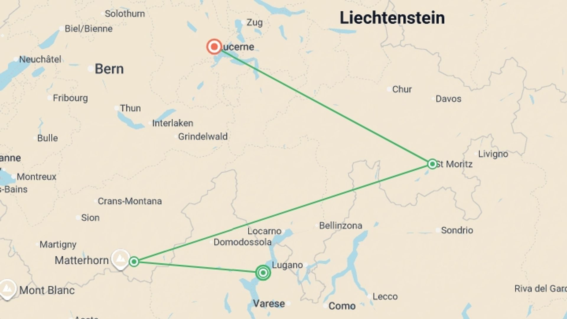 A map showing the tour itinerary for the trip: Alpine Lakes & Scenic Trains featuring a cruise on Lake Maggiore and scenic trains in Switzerland & Italy, starting in Zurich, Switzerland and ending in Lucerne, Switzerland going through 5 other destinations.