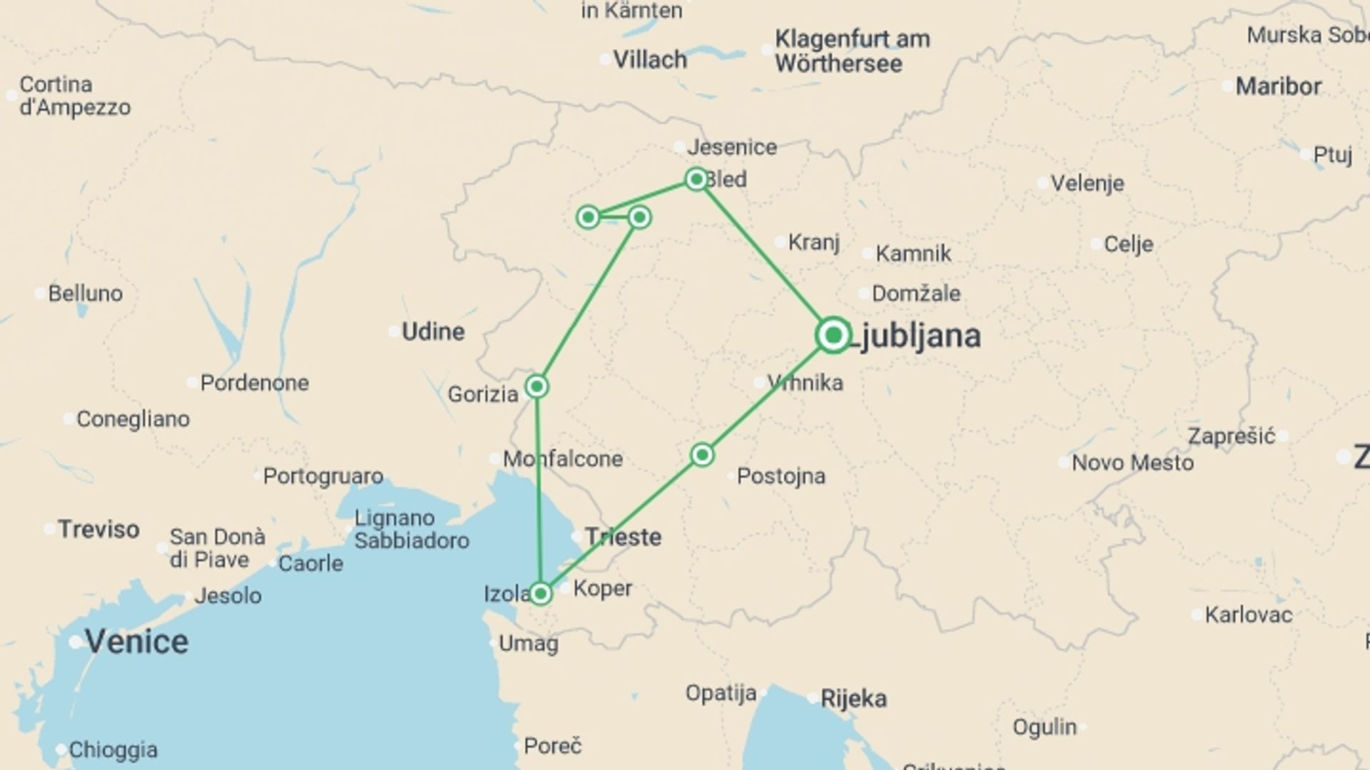 A map showing the tour itinerary for the trip: Alpine Lakes of Slovenia, starting in Ljubljana, Slovenia and ending in Ljubljana, Slovenia going through 3 other destinations.