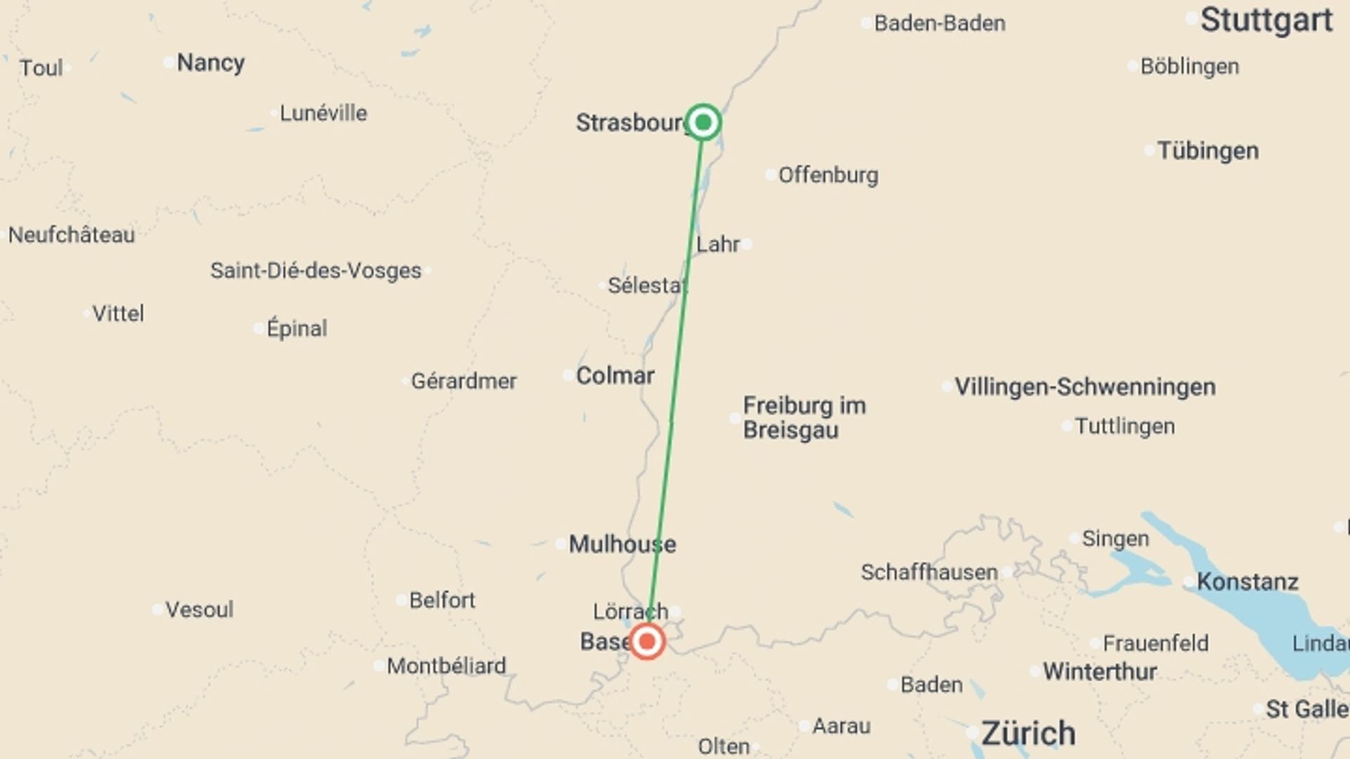 A map showing the tour itinerary for the trip: Alsace and Switzerland in Celebration: A Cruise Combining Exceptional Craftsmanship, Unique Flavors, and Incomparable Local Culture (port-to-port cruise), starting in Strasbourg, France and ending in Basel, Switzerland going through 2 other destinations.