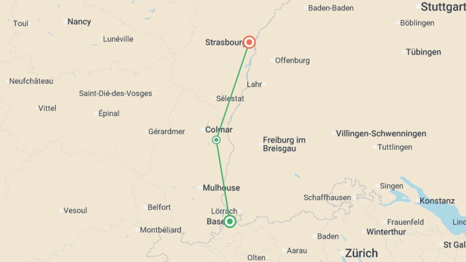 A map showing the tour itinerary for the trip: Alsace and Switzerland in Celebration: A Cruise Combining Exceptional Craftsmanship, Unique Flavors, and Incomparable Local Culture (port-to-port cruise), starting in Basel, Switzerland and ending in Strasbourg, France going through 2 other destinations.