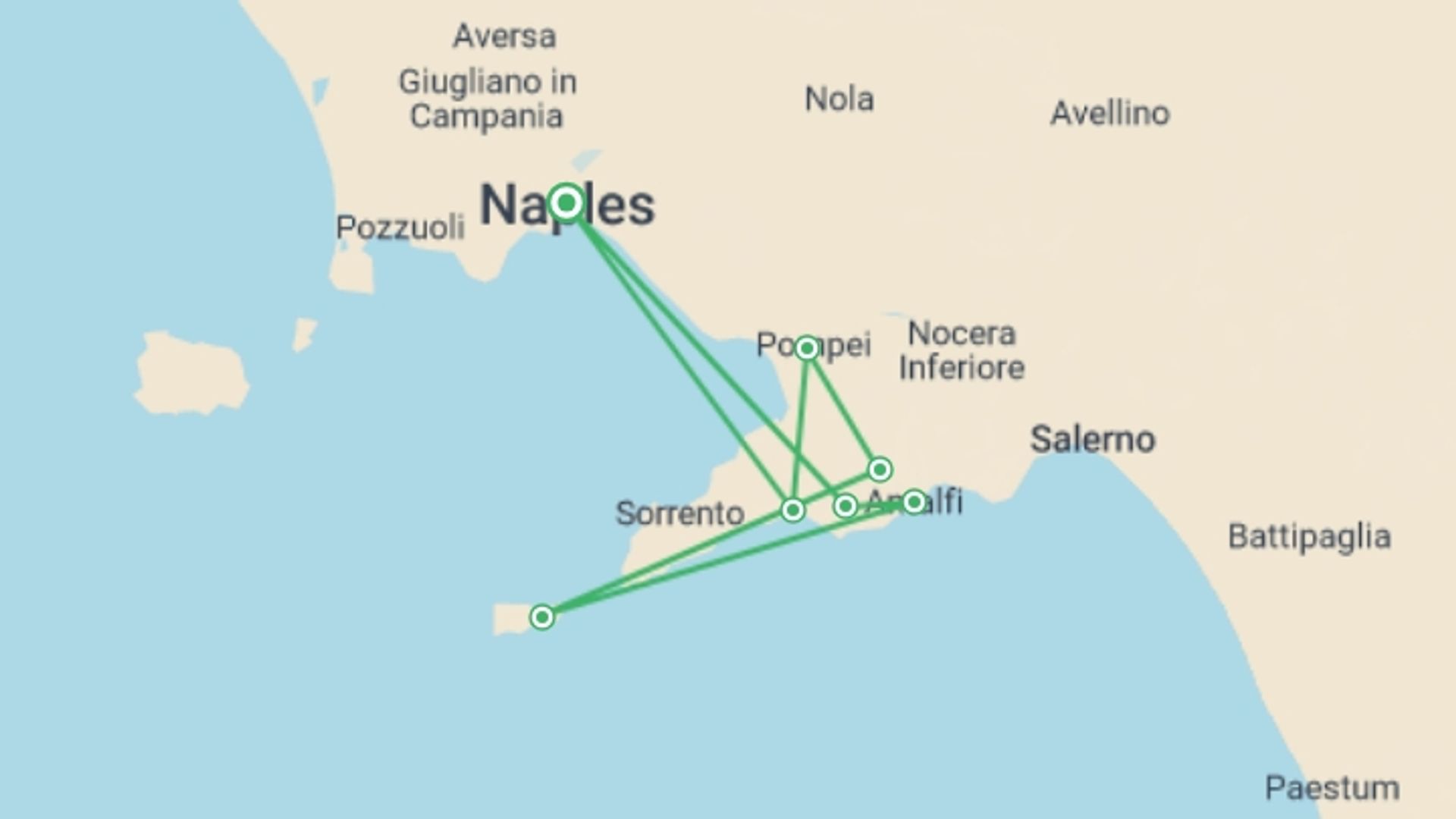 A map showing the tour itinerary for the trip: Amalfi Coast Walking - Agriturismo, starting in Naples, Italy and ending in Naples, Italy going through 3 other destinations.